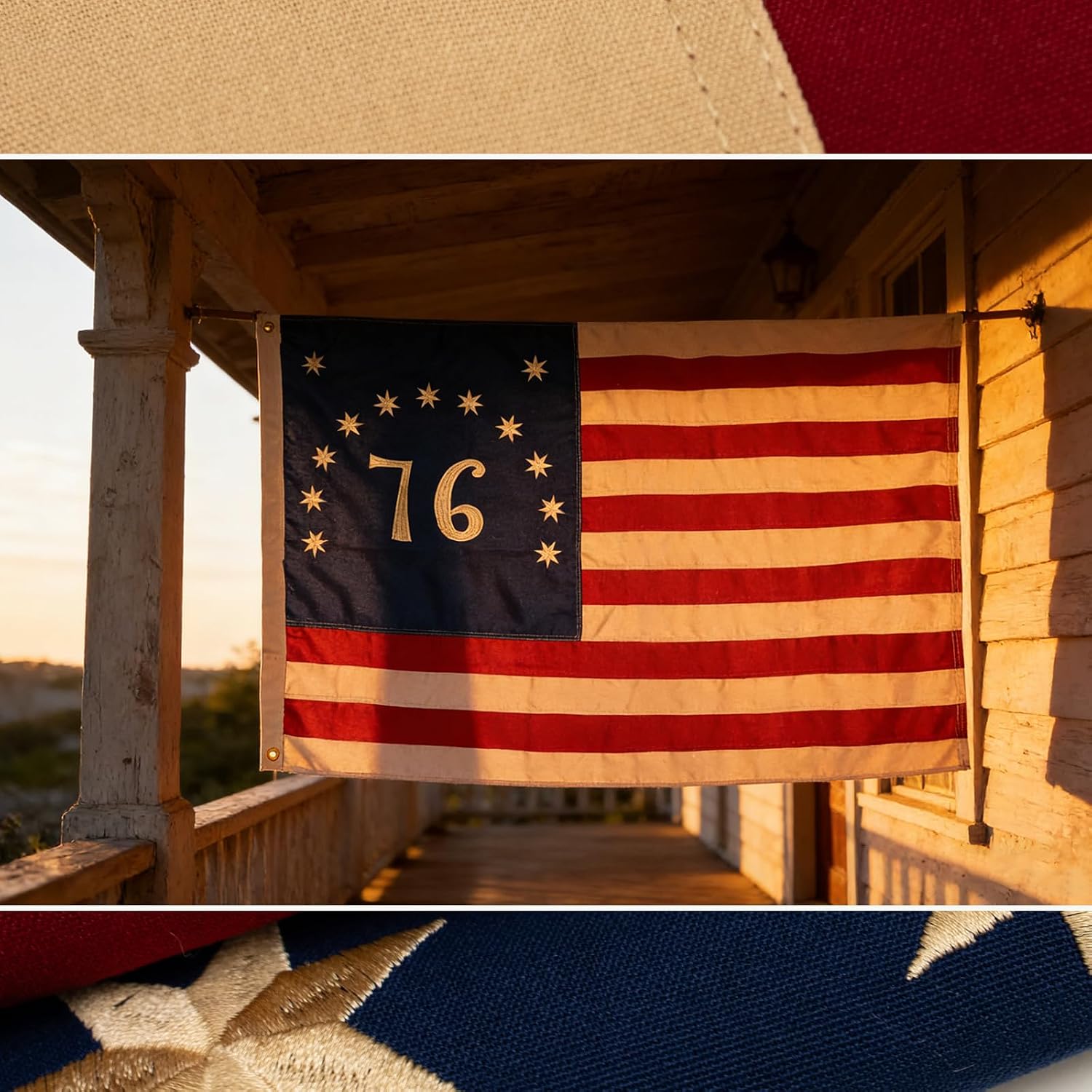 Vintage Bennington 1776 Flag 3X5 Ft 100% Cotton - Tea Stained Embroidered 76 and 13 Stars, Heavy Duty Betsy Ross American Revolution 250th Anniversary Flags with 2 Brass Grommets