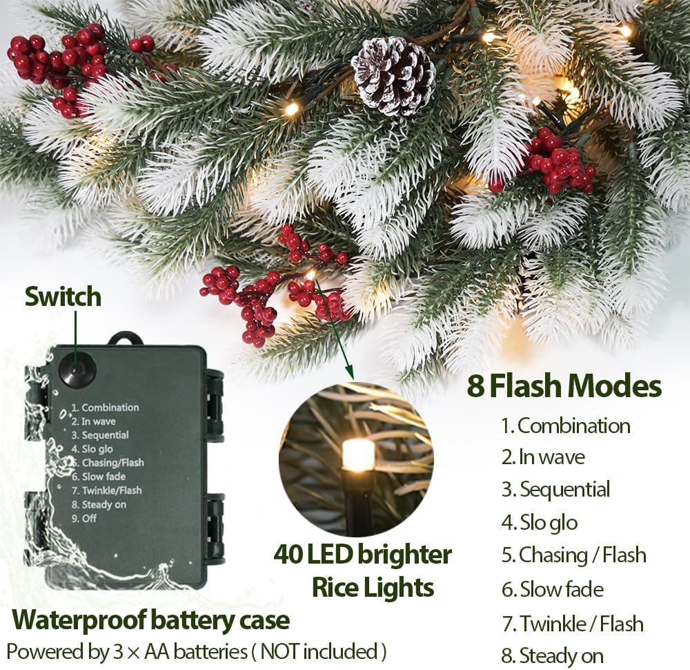 Dense Christmas Garland with Lights 6.56 FT Christmas Long Cedar Garlands for Xmas Tree Christmas Snowy Winter Pine Garlands Greenery Garland for Table Mantle Wall Indoor Outdoor Decorations