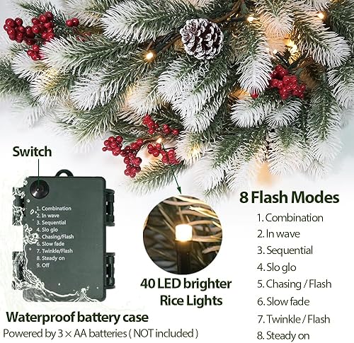Miniatura 3 de Guirnalda de luces de Navidad de 6.56 pies, 40 luces LED de pino de cedro verde para árbol de Navidad, invierno, guirnalda de pino nevado,