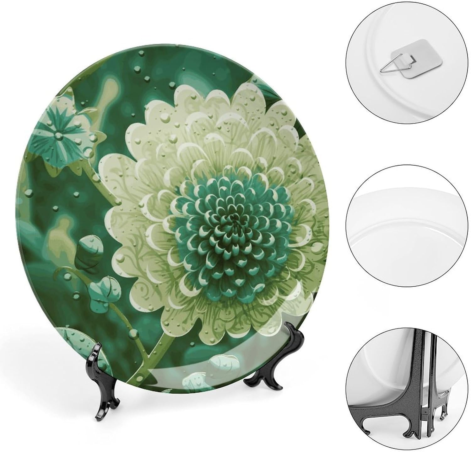 Green Flower Decorative Plates for Display Round Porcelain Plate Living Room Table Ceramic Hanging Decorative Plate Art Decor for Living Room Table with 1 Display Stand 10inch