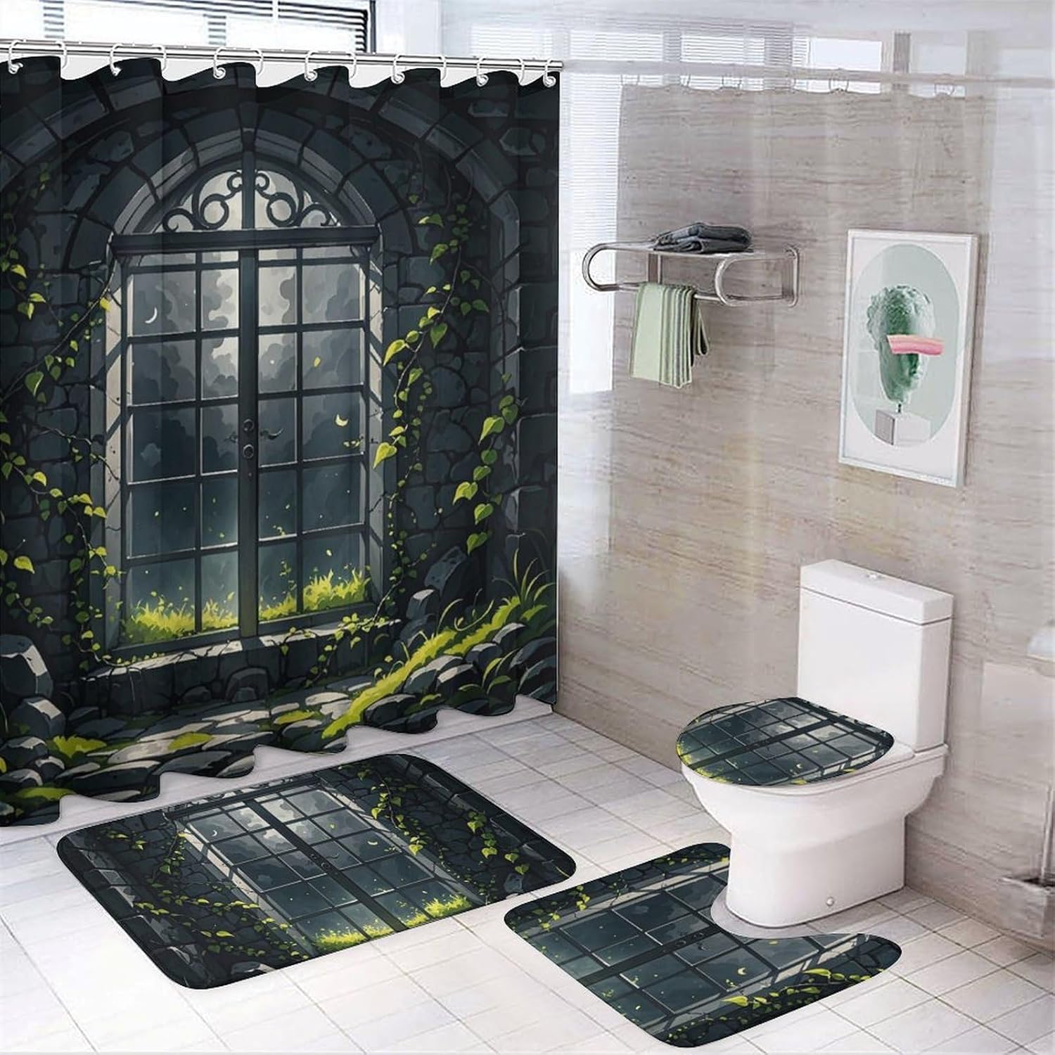 Spooky and Broken Shower Curtain Set 4 Piece, Non-Slip Bath Mat with Toilet Lid Cover and Waterproof Shower Curtain with 12 Hooks, Complete Bathroom Set for Home Decor