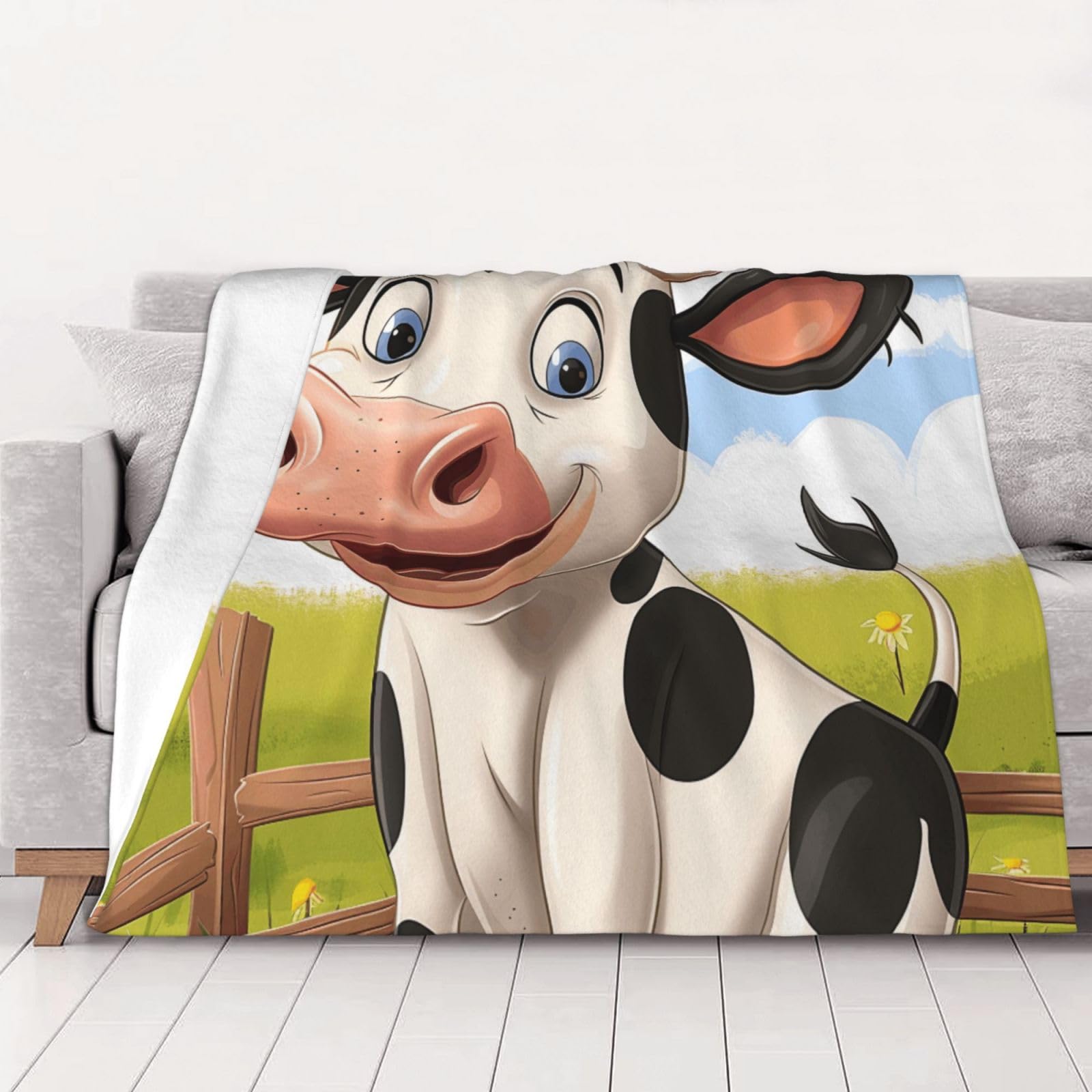 AUBKFELD Cartoon Milk Cow Printed Flannel Blanket 150x125 CM, Soft & Warm Throw Blanket for Sofa/Couch/Bed/Car, Gifts for Audlts Women Men