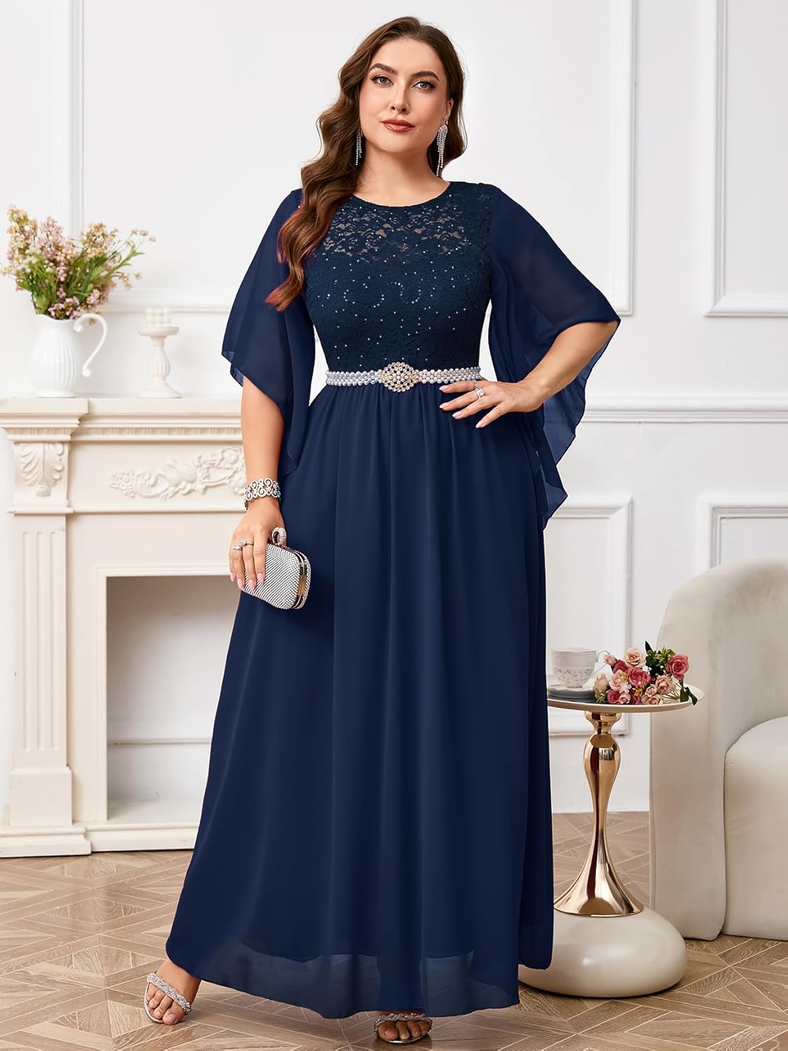 ZOMVA Plus Size 0X-4X Formal Dress Sequin Lace Chiffon A-line Maxi Dress Handkerchief Sleeve Evening Wedding Guest Prom Gown - Image 4