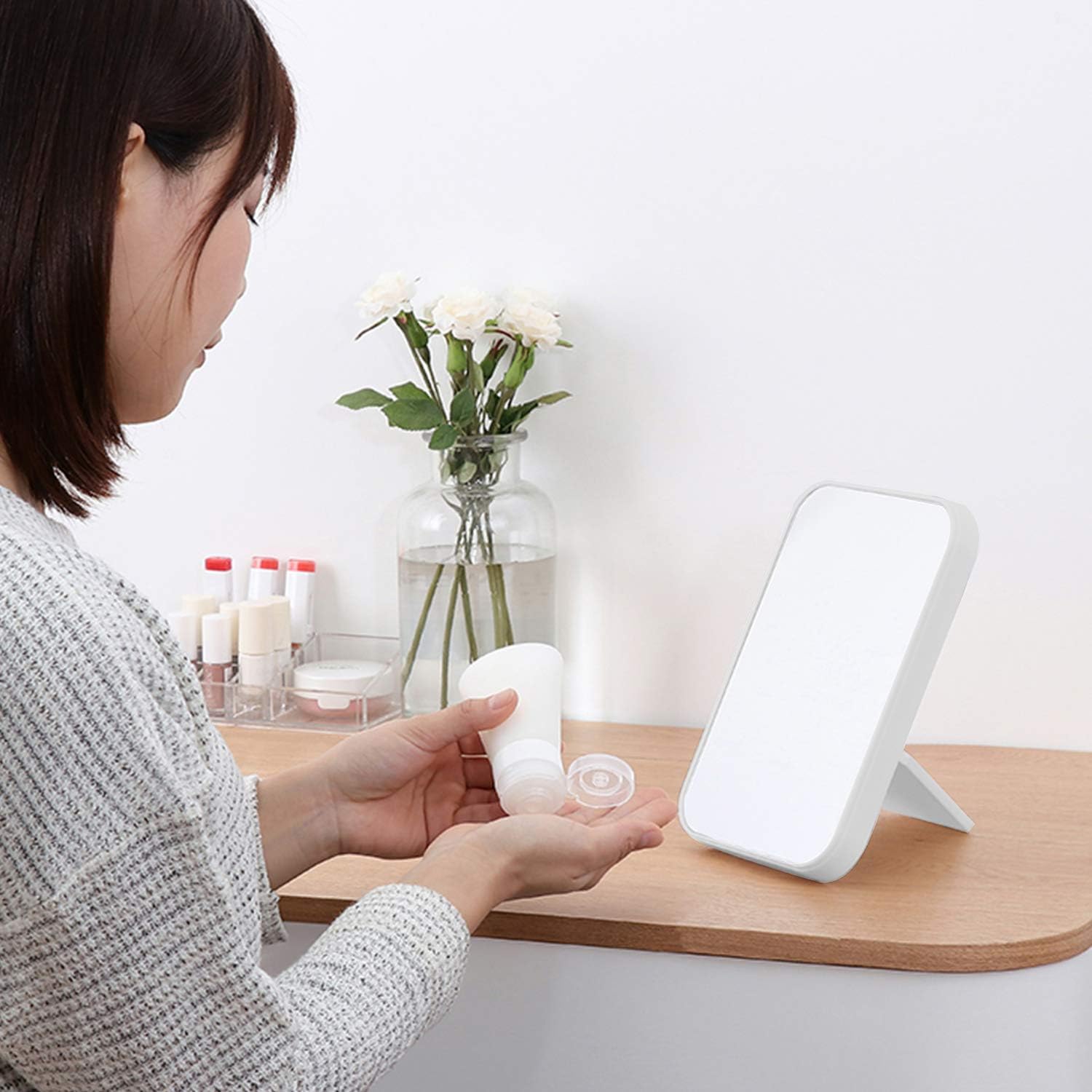 Coobbar Desktop Makeup Mirror,Foldable Makeup Mirror Simple Portable Princess Mirror Square Mirror Makeup Mirror for Women (White)