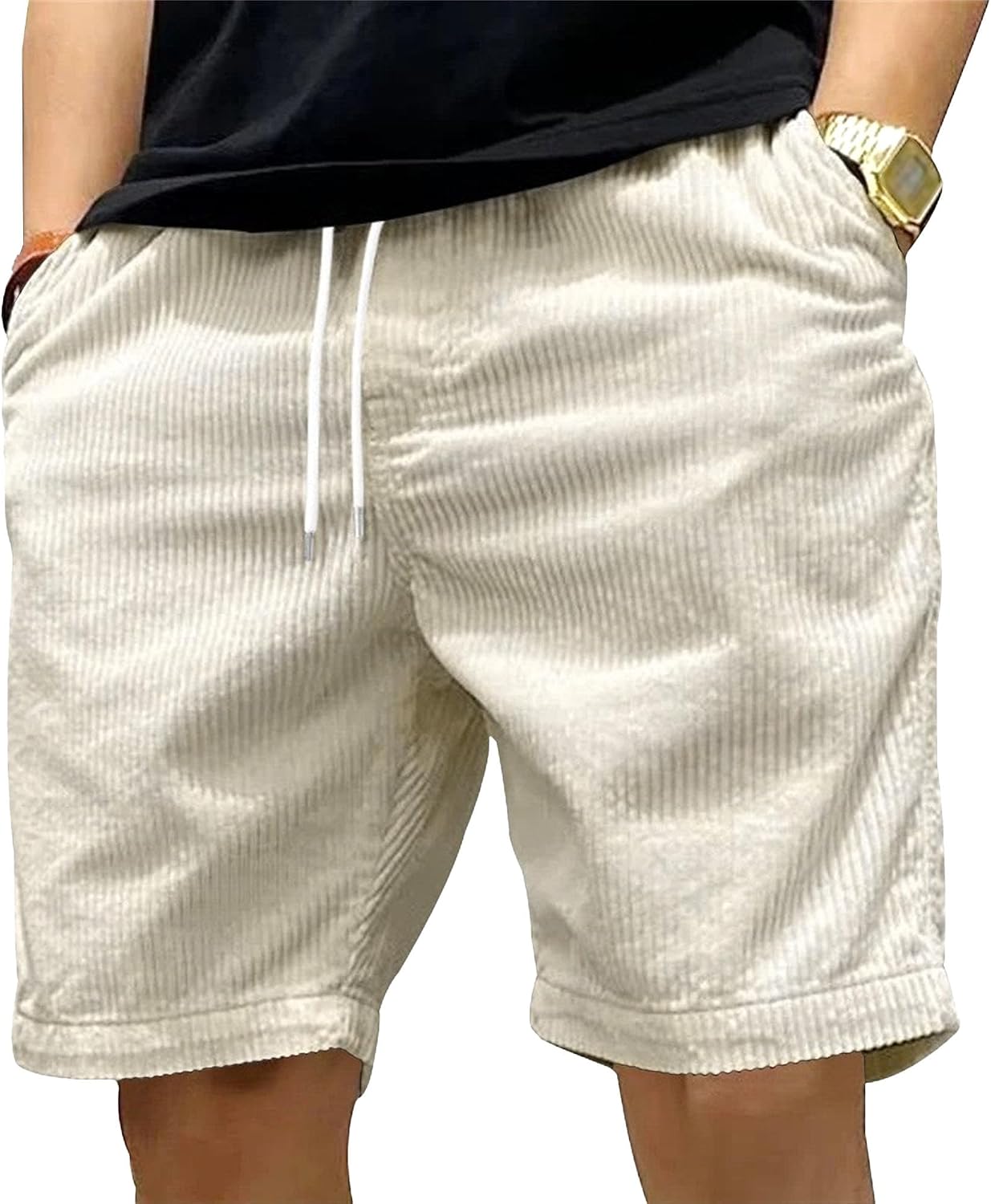 Maiyifu-GJ Men's Corduroy Casual Shorts Summer Elastic Waist Drawstring Athletic Shorts Stretch Lightweight Beach Short Pants