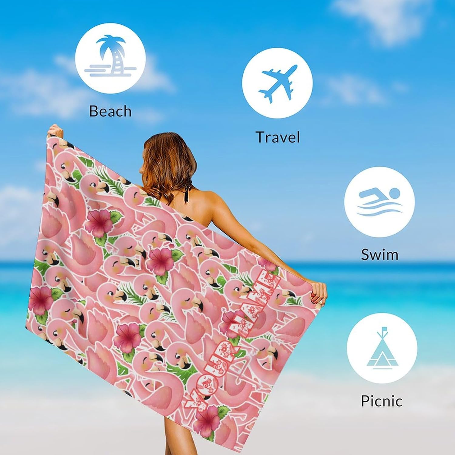 Flamingo Beach Towel for Adults - Personalized Microfiber Quick Dry Sandproof Bath Towels for Women - 40" x 70" Oversized Soft Packable Beach Accessories for Travel, Pool