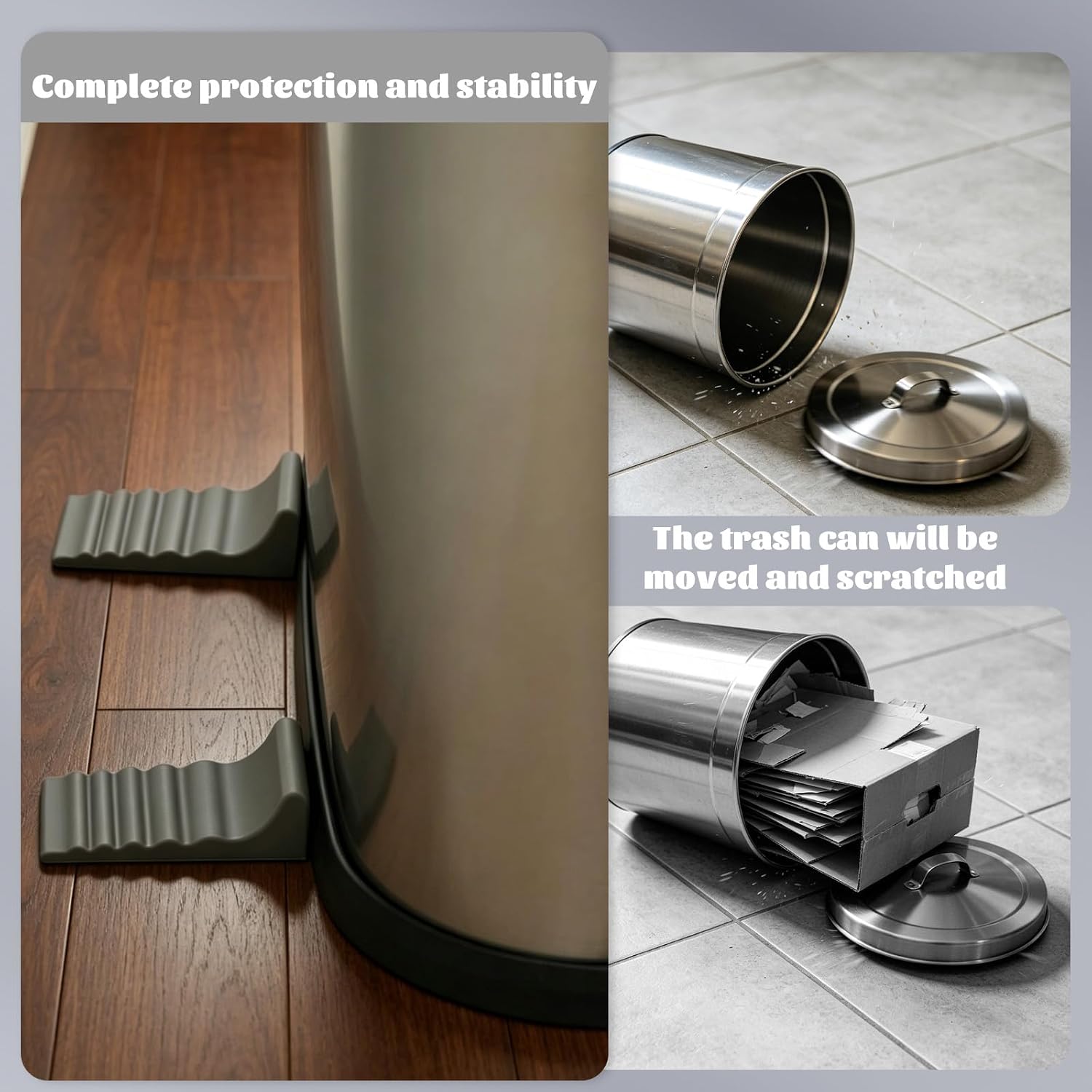 4 PCS Trash Can Wall Protector and Stop Moving Backward, Wall Protector Behind Trash Can Bumper Holder for Square & Round Garbage Guard Bin, No Drill for Kitchen Office Floor (Gray)