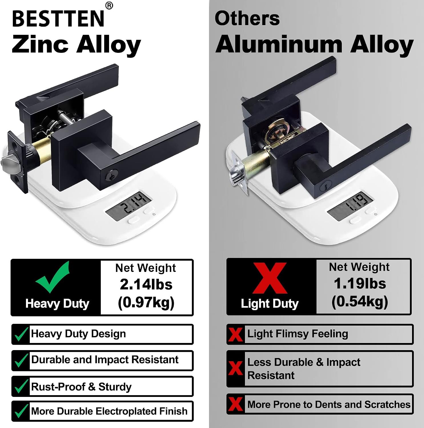 BESTTEN [10 Pack] Monaco Matte Black Square Entry Door Lever with Key, All Metal Heavy Duty Entrance Door Handle with Removable Latch Plate, for Commercial and Residential Use
