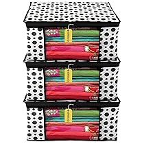 E-COSMOS Dots Design 3 Piece Non Woven Fabric Saree Cover/Clothes Organizer For Wardrobe Set with Transparent Window, Extra Large (Black & White) (Pack Of 3)