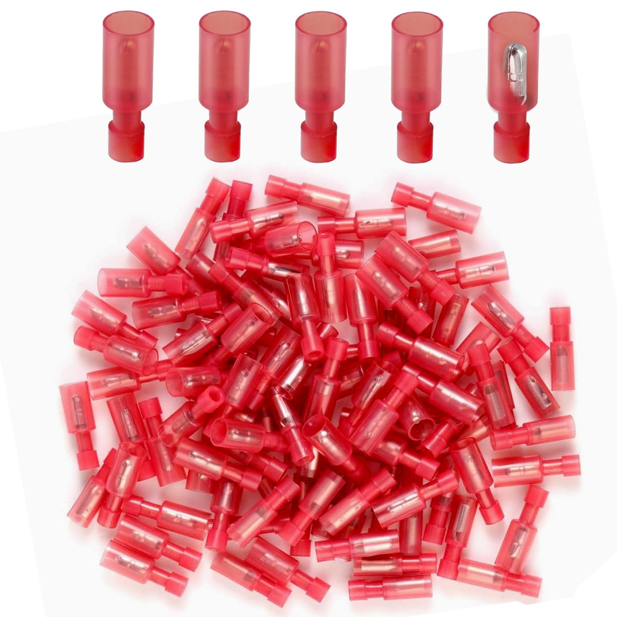 MGI SpeedWare 弾丸圧着コネクタ100個、完全絶縁ナイロンプスプライス端子オス(22-18ga RED)