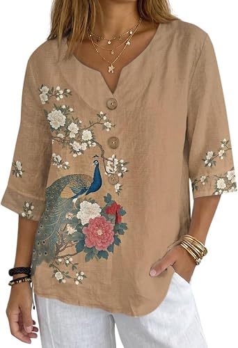 Womens Vintage Linen Tops 3/4 Boho Summer Graphic Tees Tunic Shirts Casual Loose Button Blouses Casual Clothing