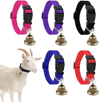 5 Pack Goat Collars with Bells | Adjustable Nylon Collar Set | Anti-Lost Loud Bronze Bell | Grazing Copper Bells for Small Farm Animals Goat Sheep Cow Horse Pet Accessories