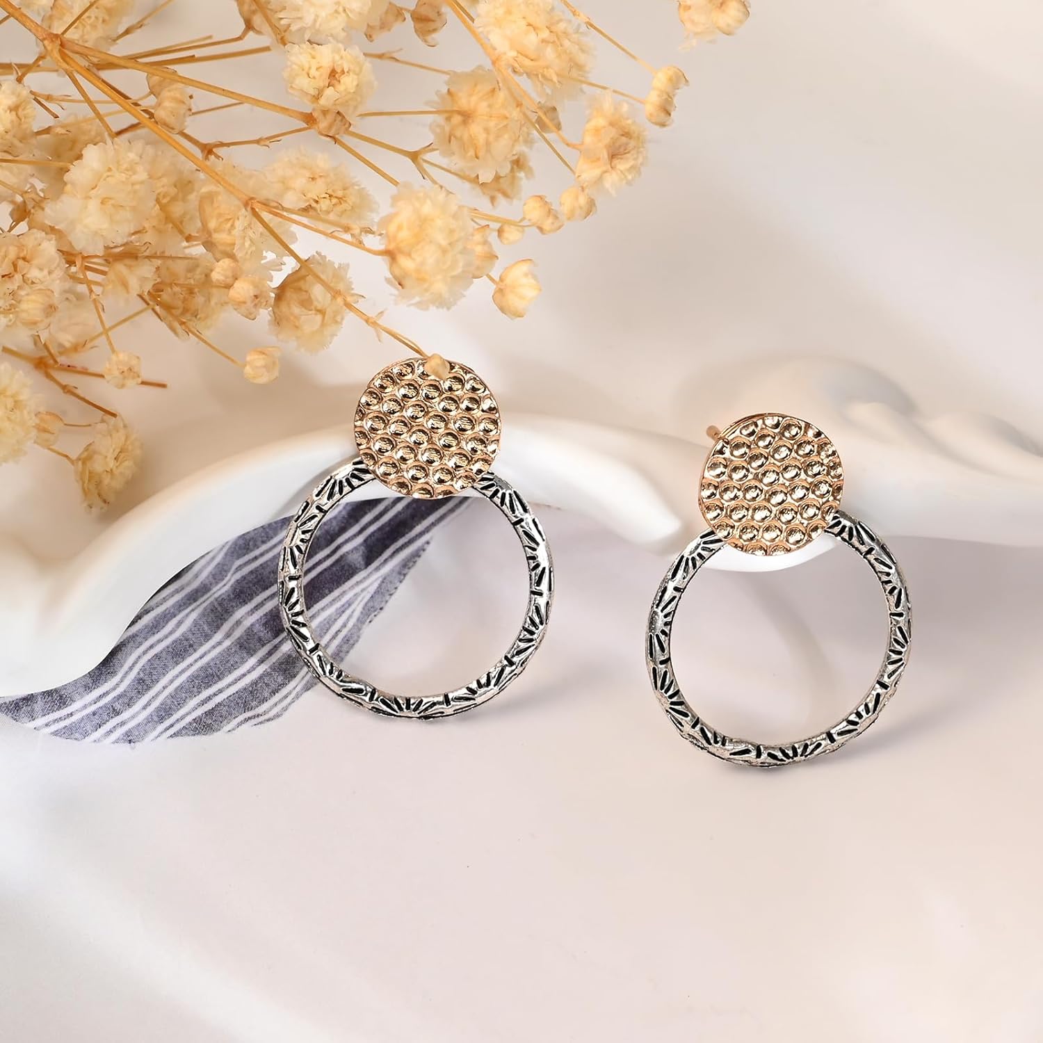 Two Tone Jacket Earrings for Women Boho Style Geometric with Gold Hammered Studs and Silver Hoop Drop Mixed Metal Earrings - Image 7