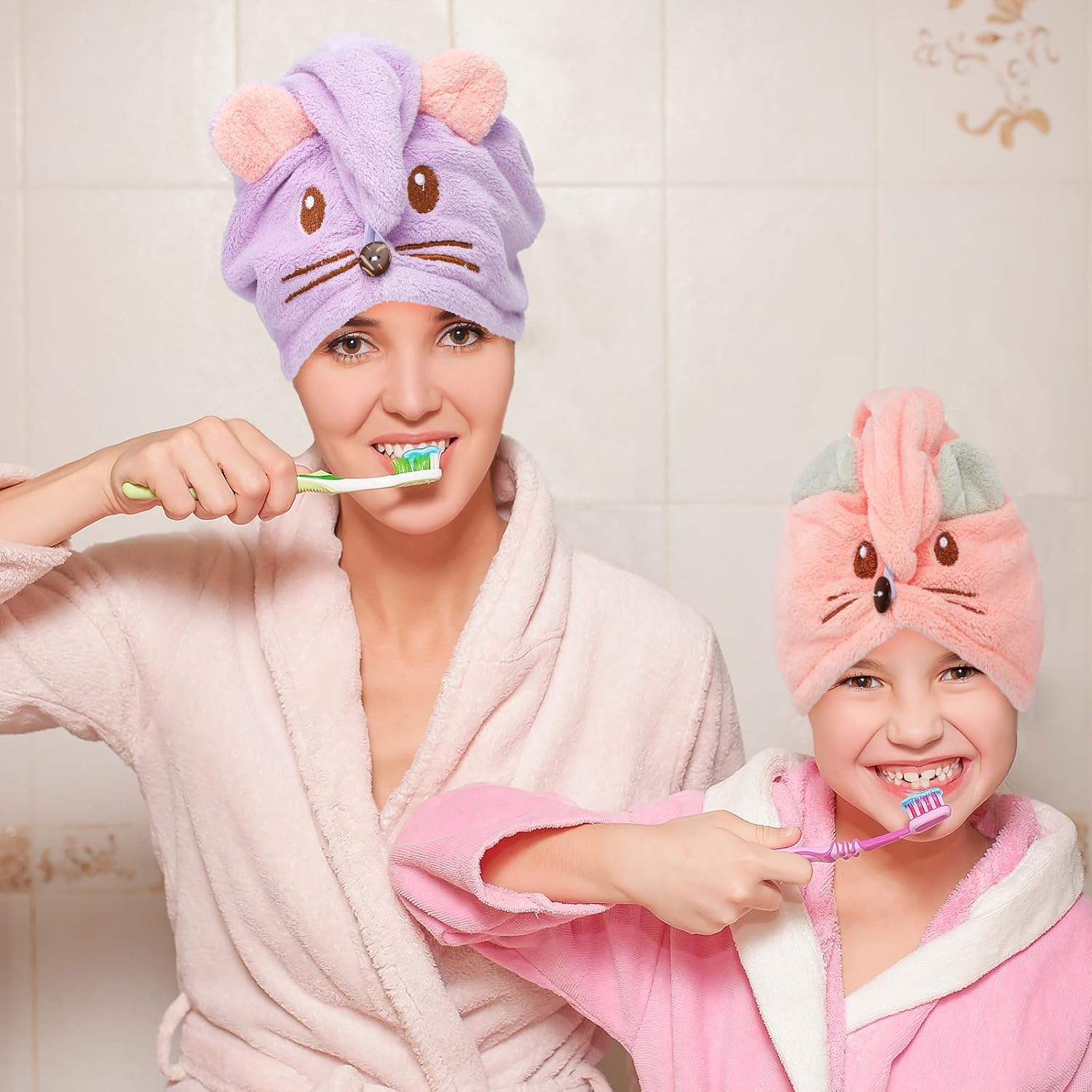 Whaline 2 Pack Parent-Child Quick Dry Hairs Towel Cute Mouse Hairs Towel Wrap Purple Pink Cotton Hair Turban Towels Super Absorbent for Women Parent Kids Curly Long Thick Hair