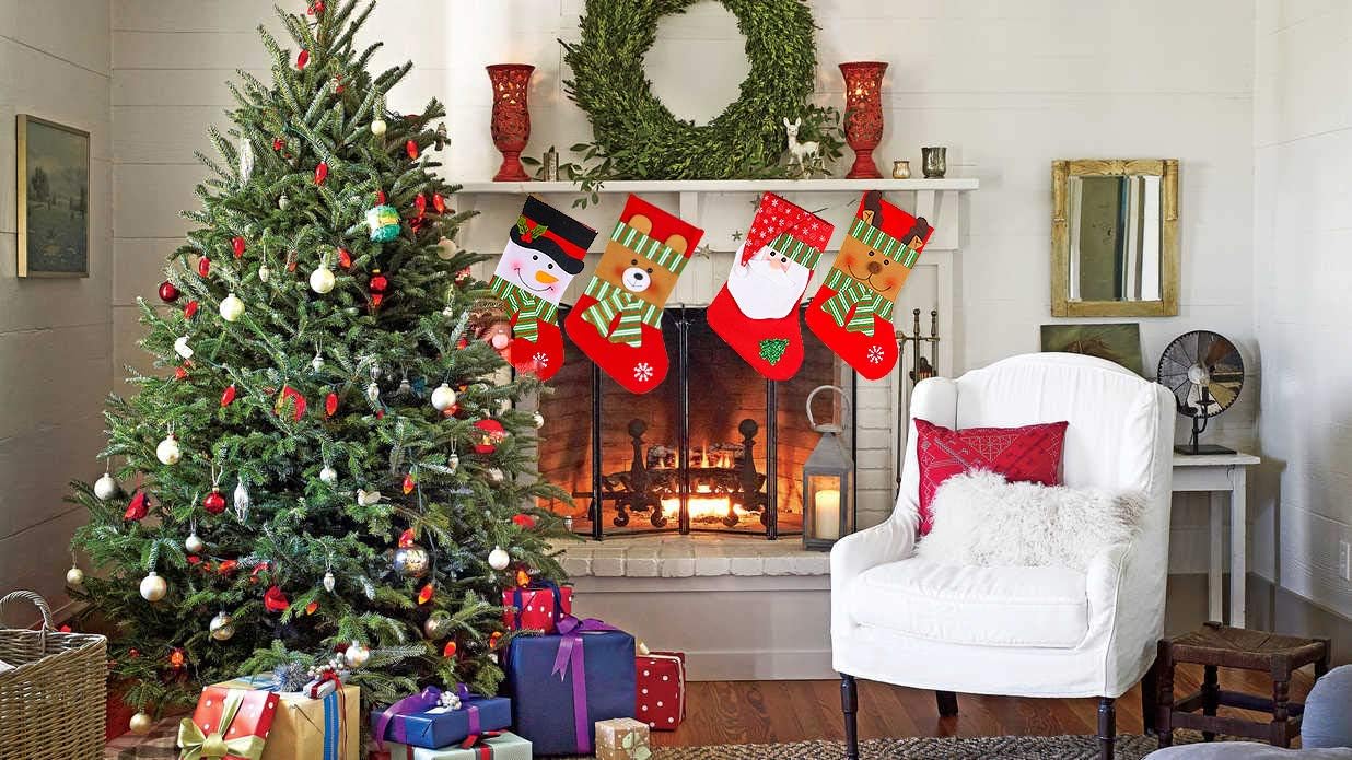 Lvydec 4 Pack Christmas Stockings, 15" Large Size Xmas Stocking Set with Christmas Snowman Santa Reindeer Bear Fireplace Decoration Gift & Candy Pouch Bag Ornaments