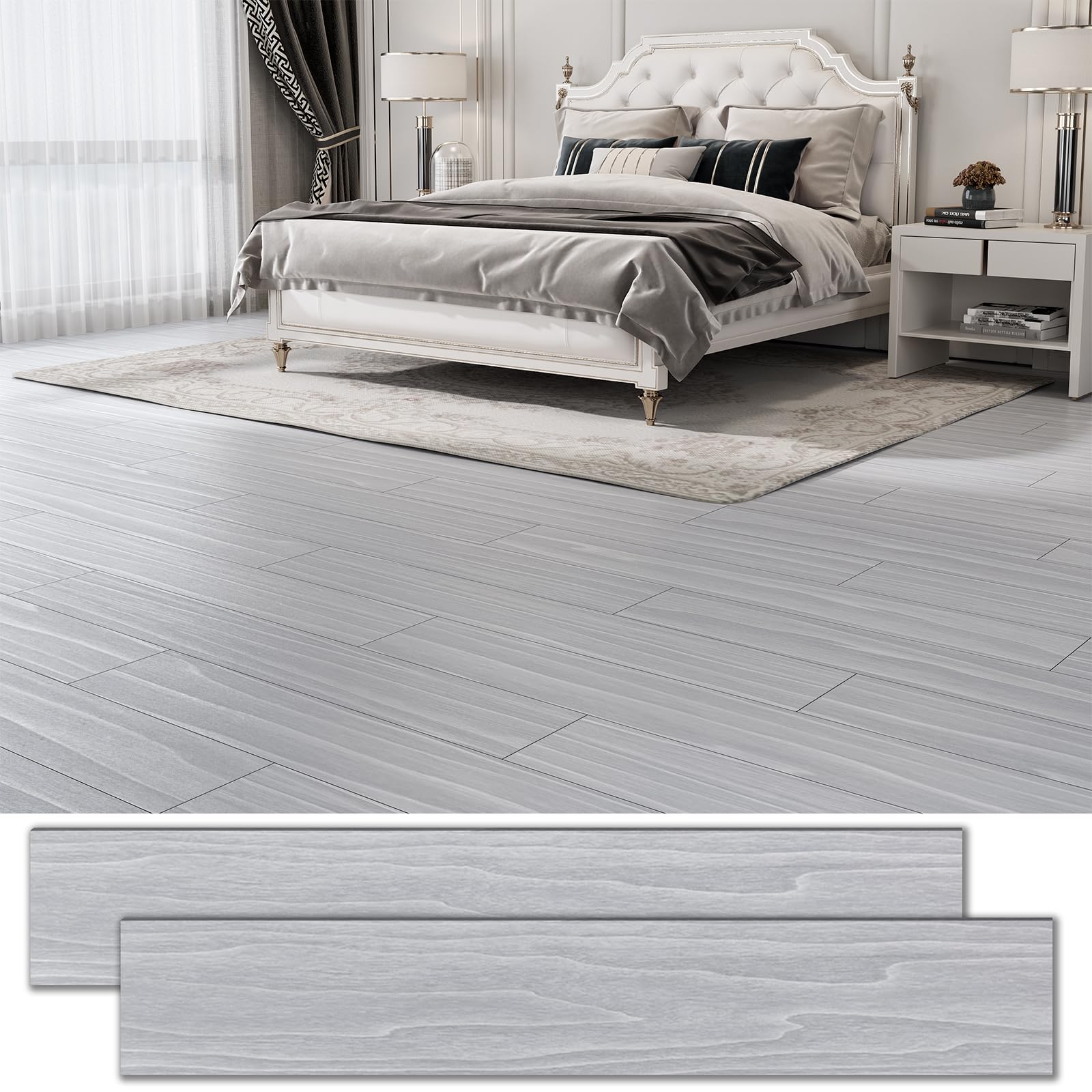 Vinyl-Bodenfliesen, 30 m², zum Abziehen und Aufkleben, 91,4 x 15,2 cm, Holzoptik, 20 Stück, wasserdicht, selbstklebend, Bodenfliesen, DIY für Mieter, Küche, Wohnzimmer, Wohnmobil, Hellgrau