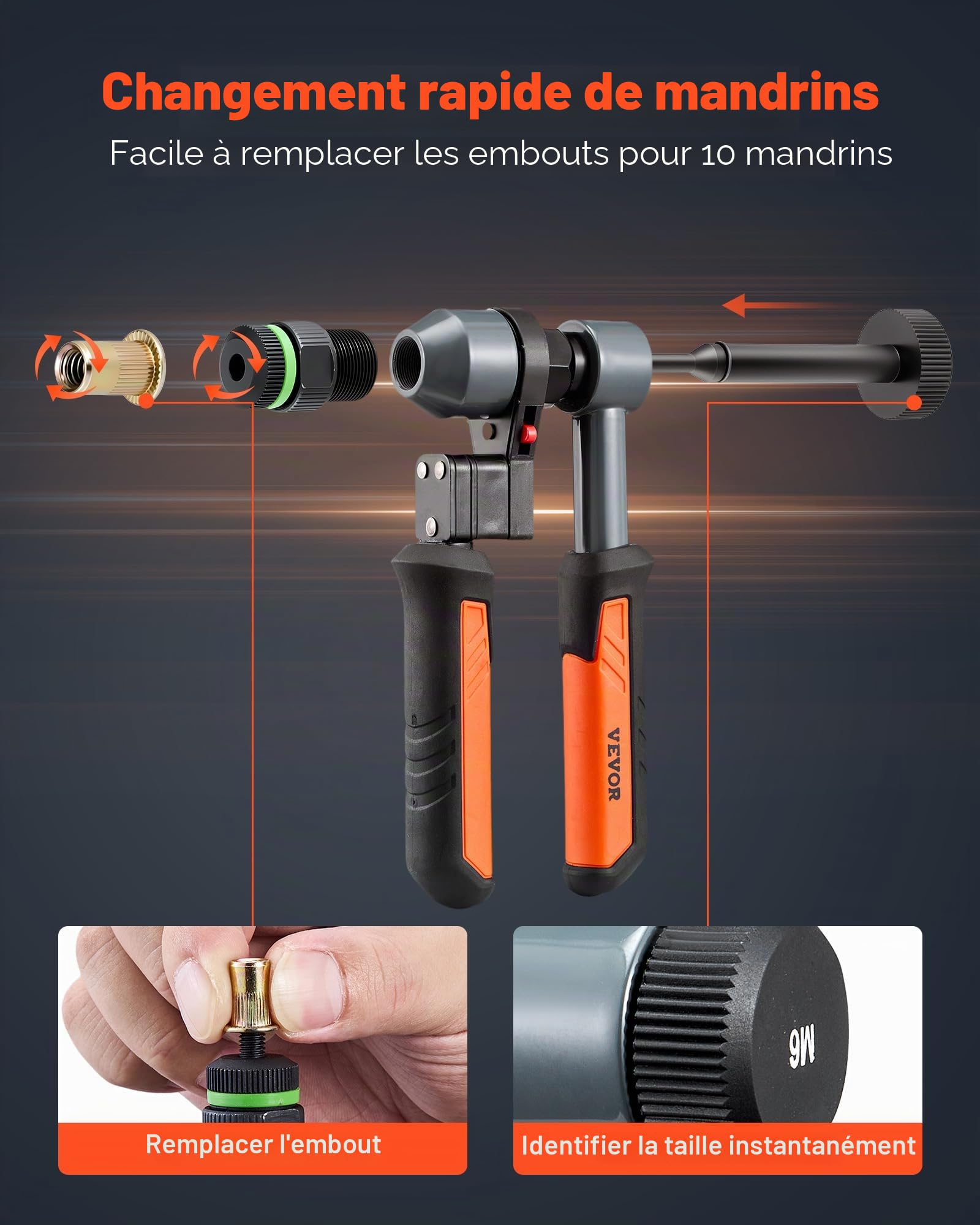 VEVOR Riveteuse Manuelle à Cliquet 21 cm, Kit d'Outils à Riveter Complet, pour Bricoleur Maison, Pince à Écrous à Sertir avec 10 Mandrins Métriques et SAE, 100 Écrous, avec Mallette de Transport