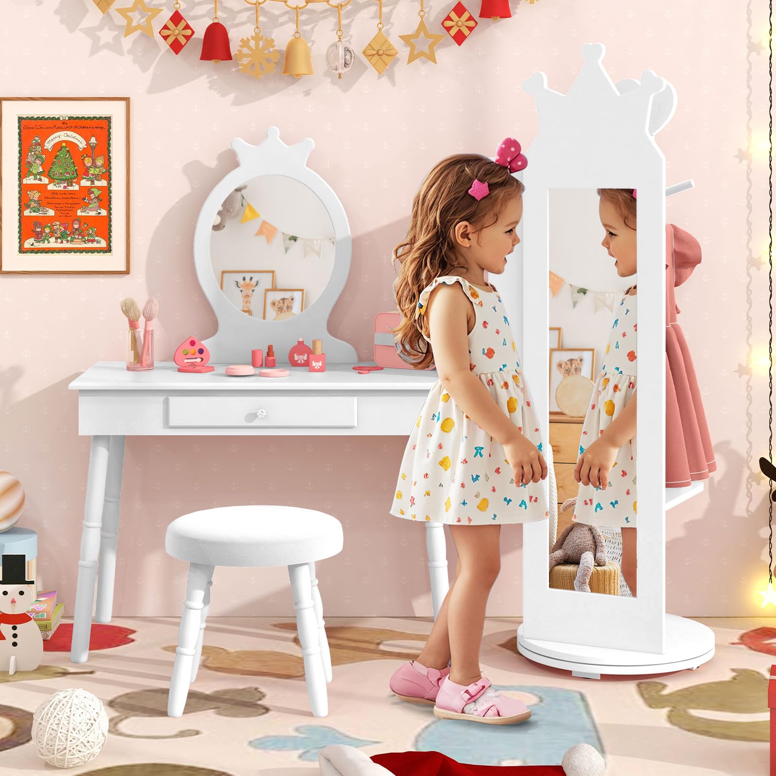 COSTWAY Armoire à Bijoux Enfant avec Miroir & Base Pivotante, Organisateur à Bijoux en Motif Couronne avec 2 Crochets & Étagère, Dispositif Anti-basculement pour Enfant de 3 Ans+ (Blanc)