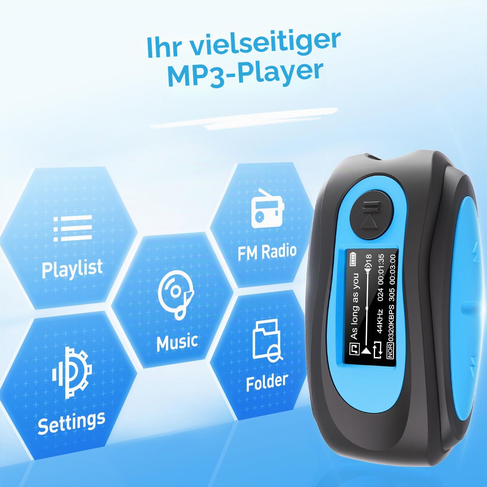 AGPTEK IPX8 Wasserdicht MP3 Player, 8GB HiFi MP3 Musik Player zum Schwimmen und Laufen, mit wasserdicht Kopfhörer, Audiokabel und 3 Paar Ohrstöpsel (L/M/S), unterstützt FM, Shuffle Funktion, Blau