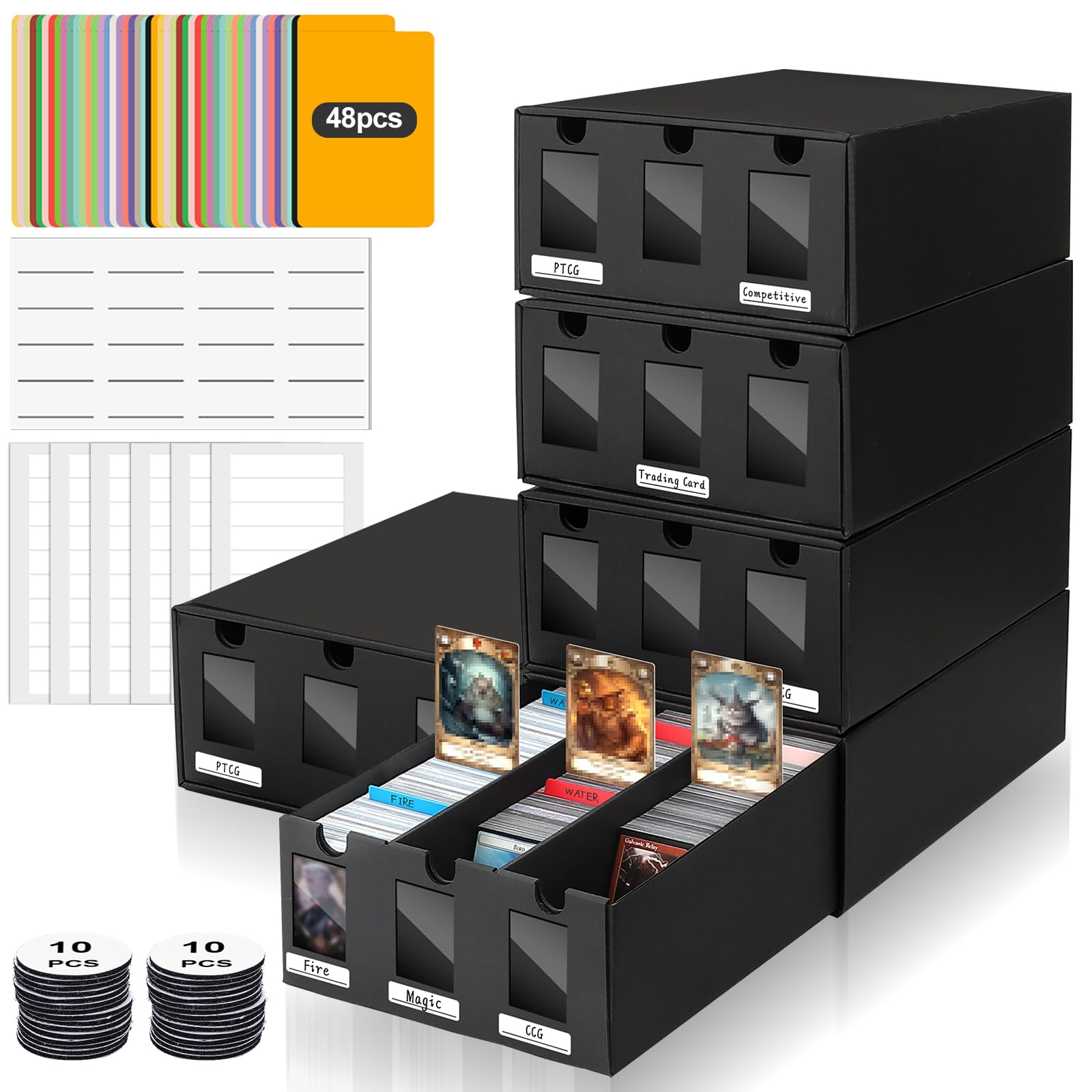 AOBOPLE Trading Card Storage Box,15000+ Cardboard Card Storage Box with 48 Cards Dividers&Label&Tapes,Trading Card Box with Visible Window Display for TCG,YuGiOh,MTG,PTCG,Baseball and Sport Cards