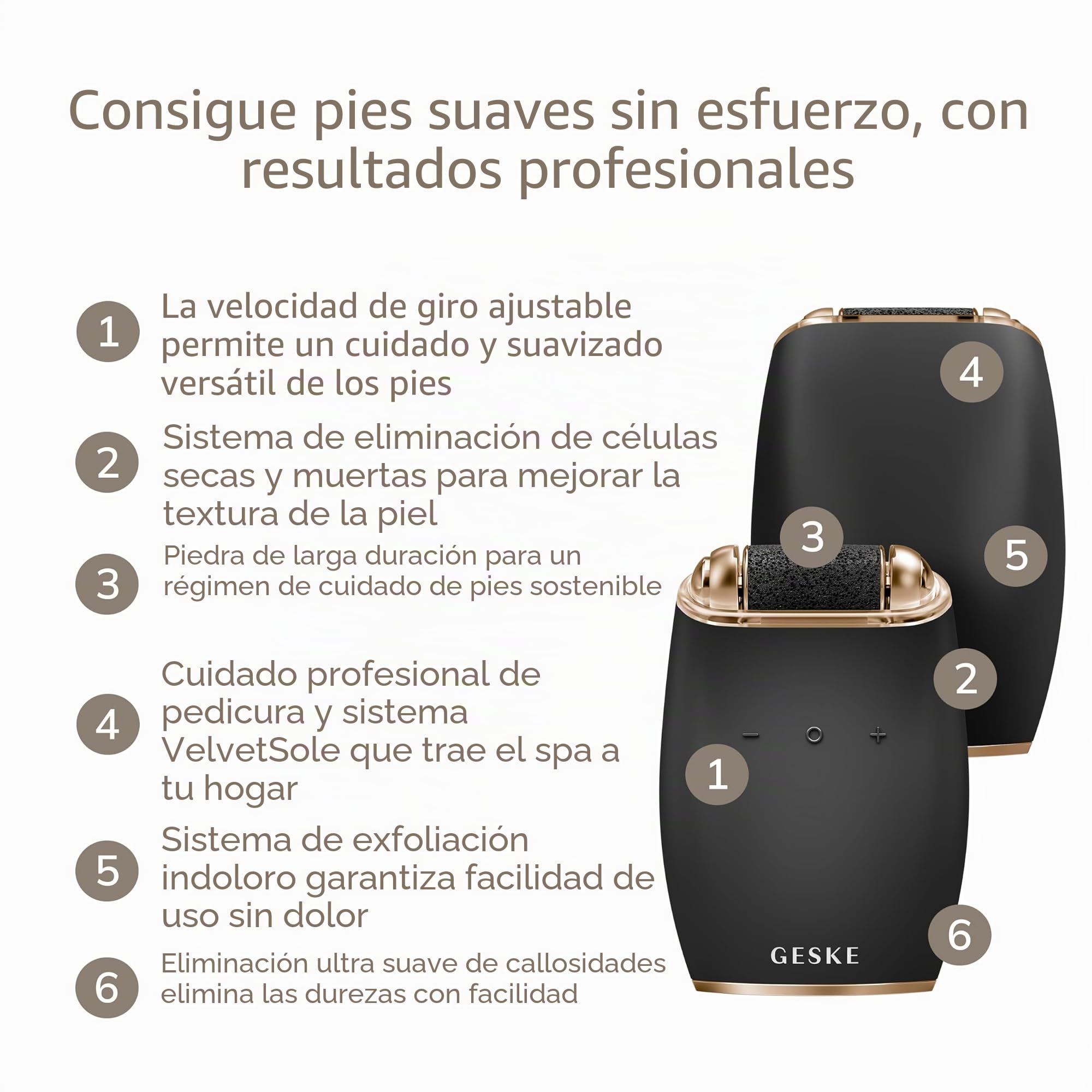 GESKE Electric Pumice Foot Smoothing Roller | 7 in 1 Lima para pies | SmartAppGuided™ | Lima de Pies Eléctrica y Exfoliante | Piedra Pómez para Eliminar Durezas y Callos | Pedicura en Casa