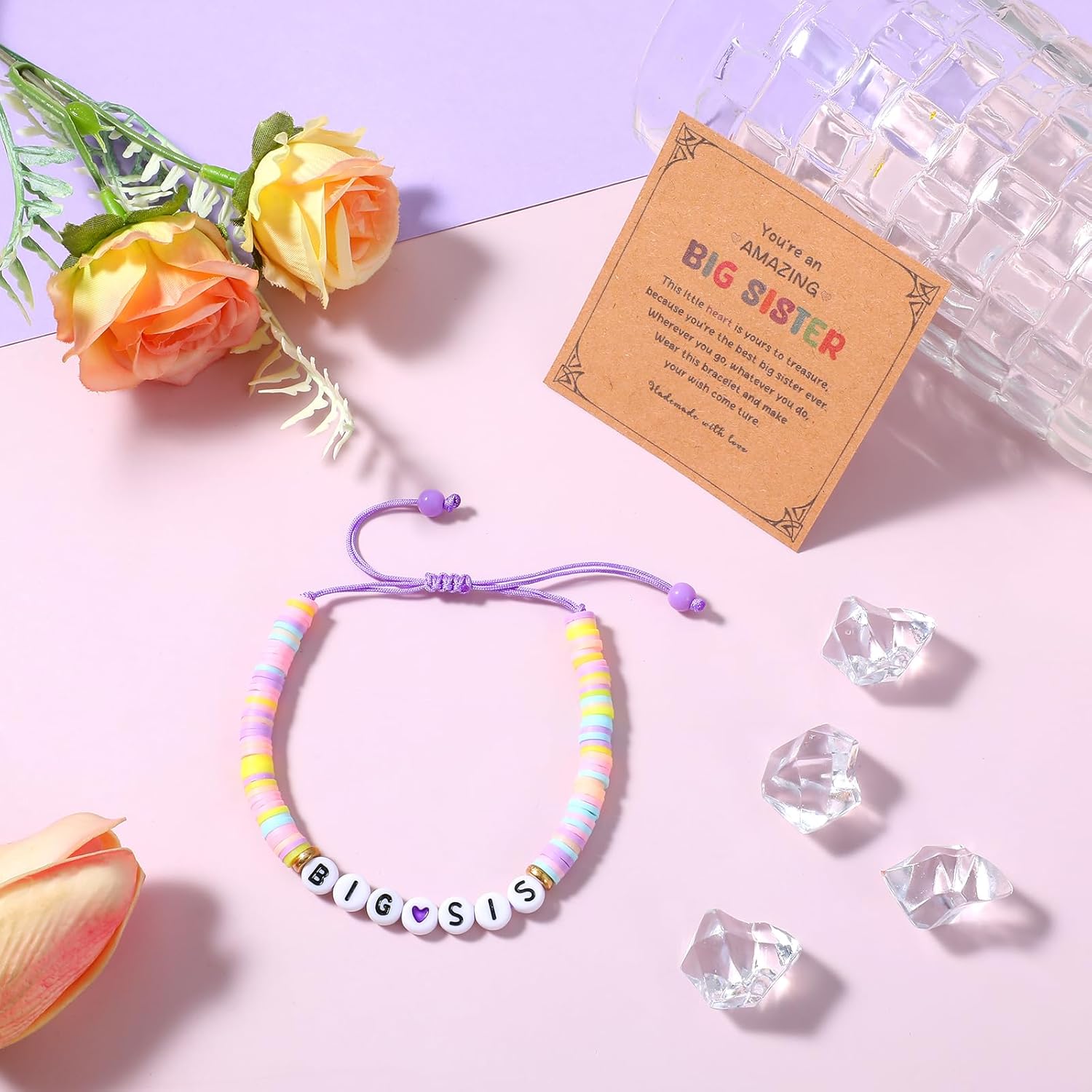 Big Sister Bracelets Big Sis Stackable Bracelet Surfer Stretch Accessories Jewelry Pink Purple Purple Rainbow Beads Bracelets for Birthday Christmas Announcement Jewelry Daily Wear - Image 4