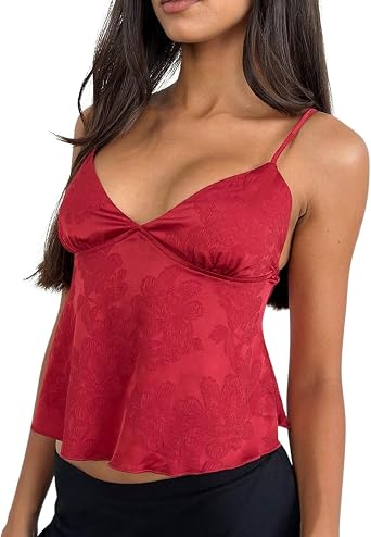 Women Satin Jacquard Top Floral V Neck Spaghetti Strap Crop Cami Cute Flowy Babydoll Tank Top Silk Going Out Shirt
