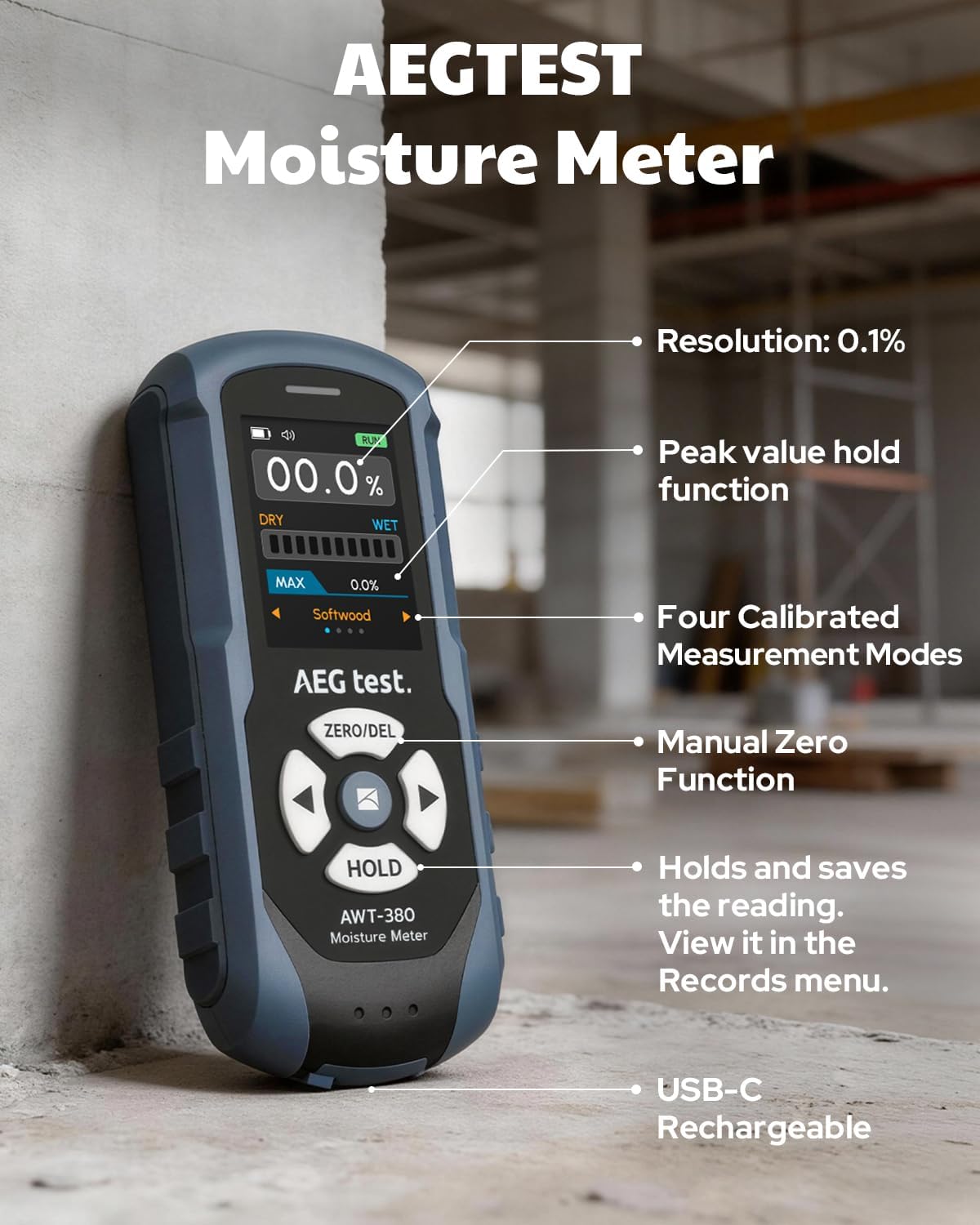 AWT-380 Rechargeable Pinless Moisture Meter for Wood, Drywall & Masonry, Wood Moisture Meter with Color Display, Adjustable Alarm, Data Records, Non-Destructive Water Leak Detector for Home