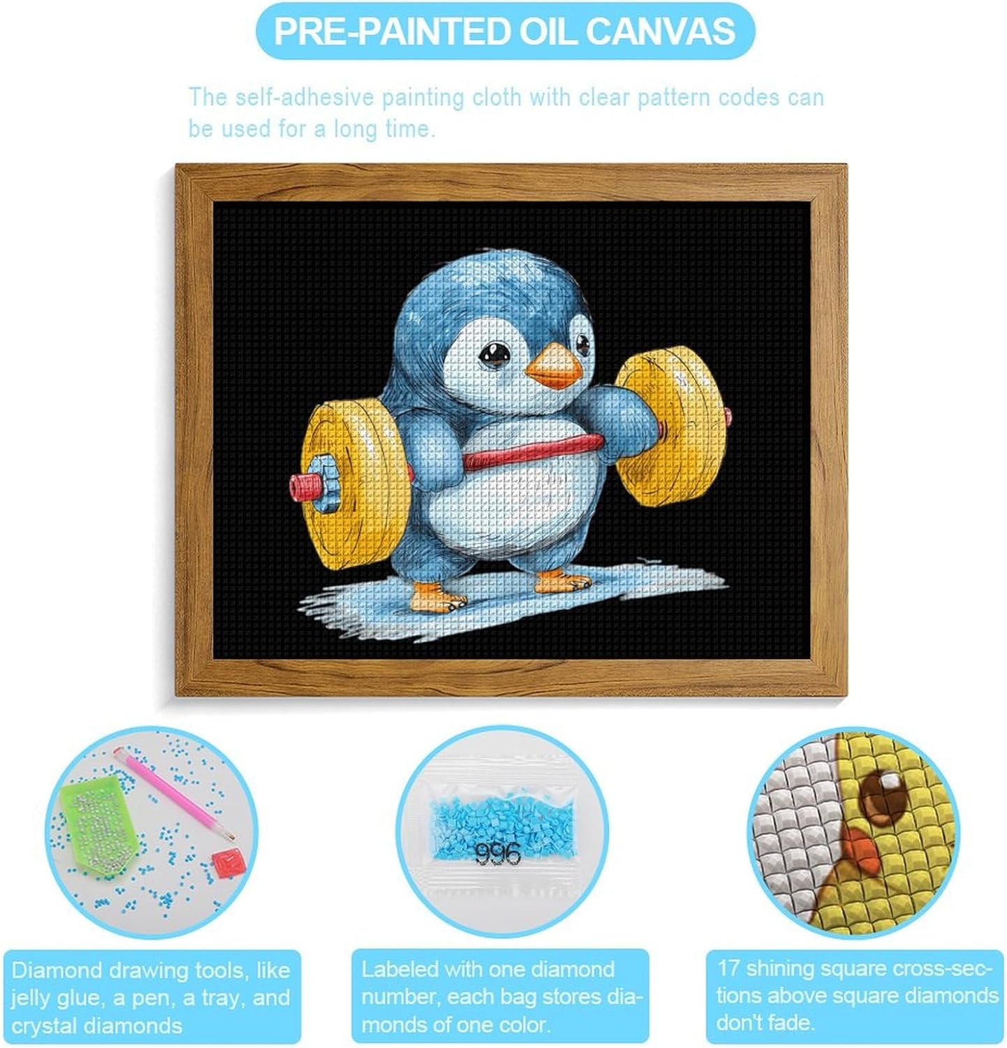 Weightlifting Penguin Printed Diamond 5D Painting Kits DIY Full Drill Crafts for Home Wall Decor 16x20 Inch Yellow Wood 50 * 40cm