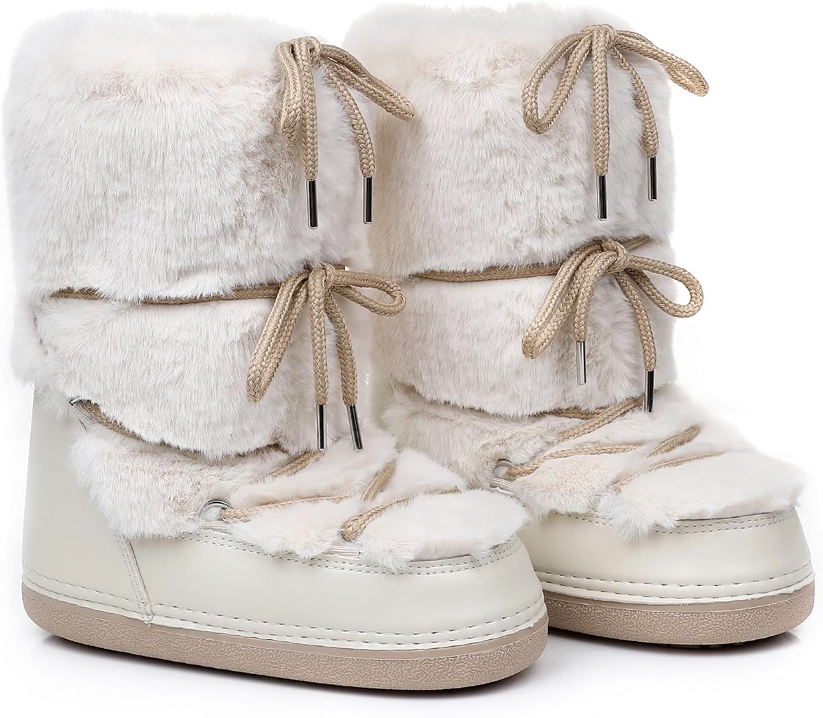 Botas de nieve de piel sintética para mujer, botas peludas y esponjosas para mujer, con cordones, botas de esquí antideslizantes a media pantorrilla con forro de piel cálida para invierno