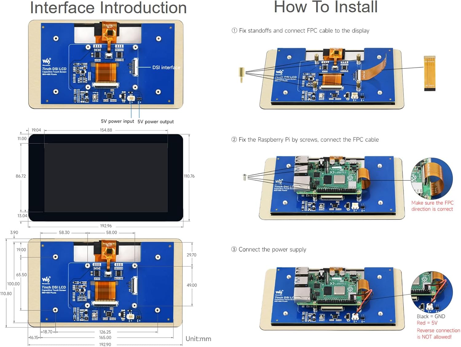7inch Touch Screen Display DSI Interface IPS LCD Screen, 800×480 Resolution, up to 5-Point Capacitive Touch, Support Raspberry Pi 4B/3B+/3A+/3B/2B/B+/A+