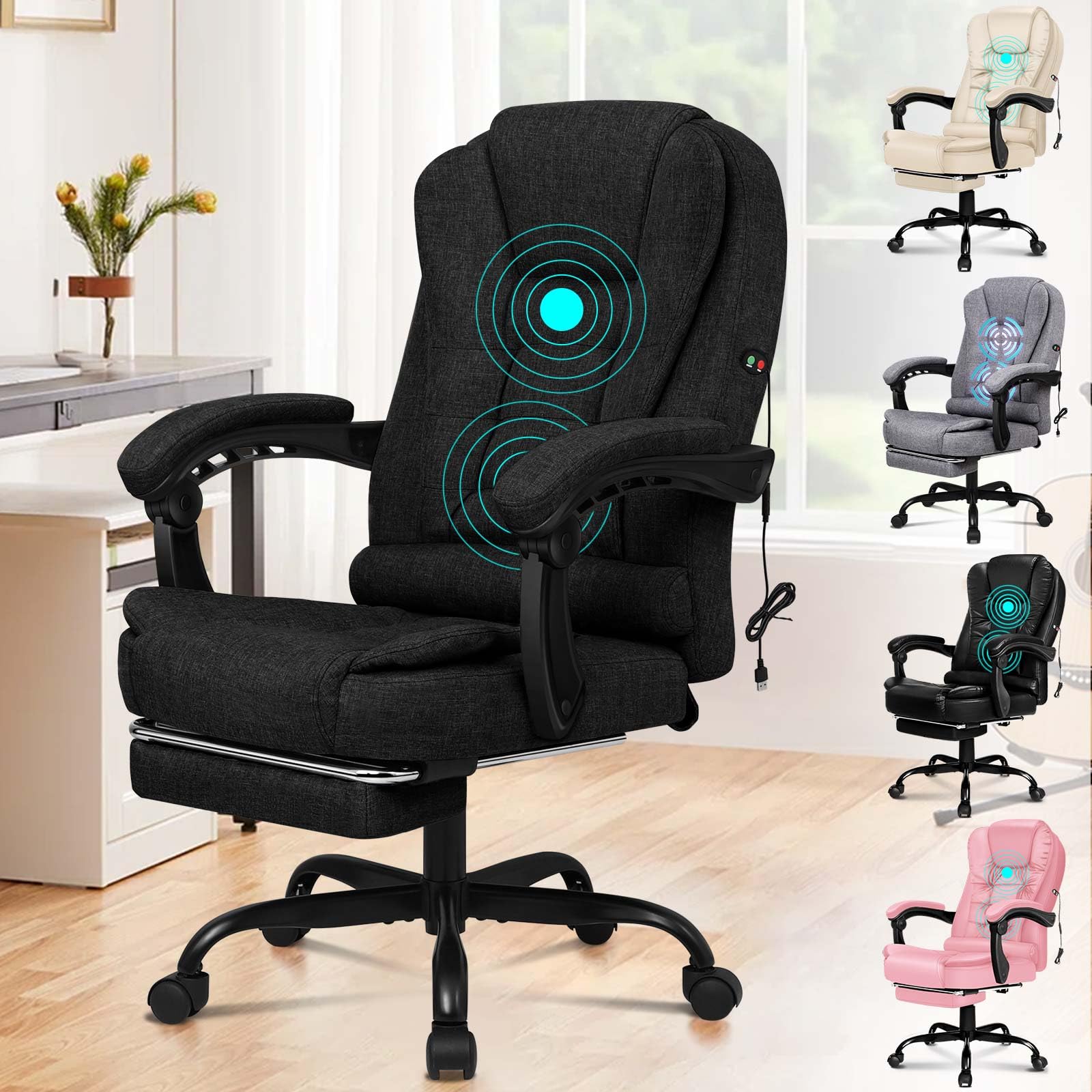 ALFORDSON Chefsessel Bürostuhl Massage Schreibtischstuhl 150°-Neigung, Computerdrehstuhl, ergonomischer Drehstuhl Ausziehbare Fußstütze, höhenverstellbarer,belastbar 180 kg, Leinen, Schwarz