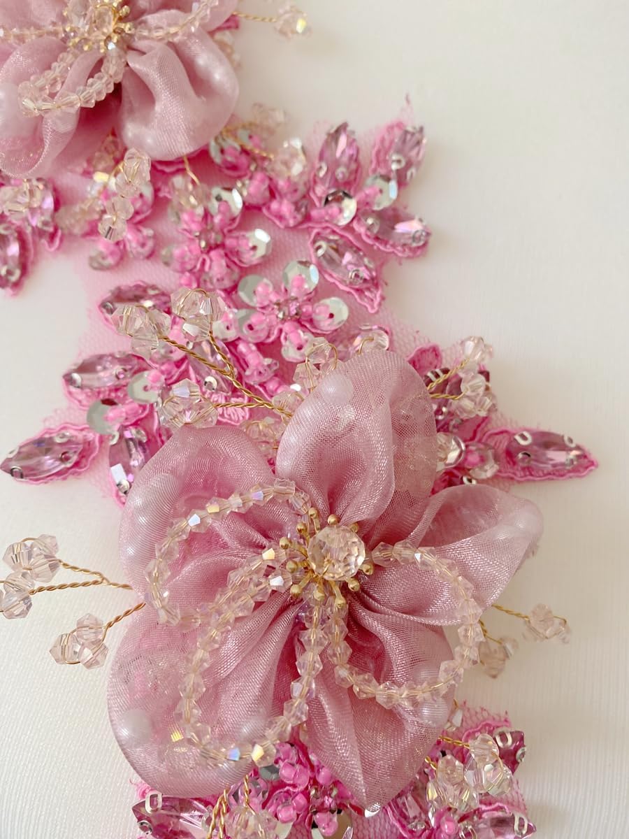 3 Pcs/Set Crystal Three-Dimensional Flower Decoration Patch Trim Shiny Hand-Stitched Beads Rhinestones Applique Handmade Dress Clothing Accessories (Pink)