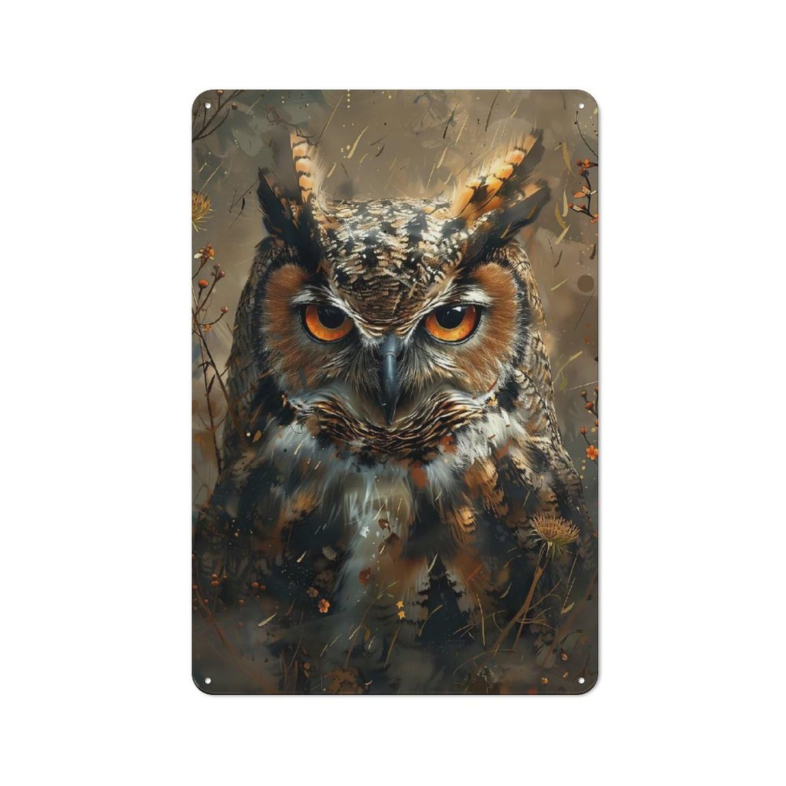 Junmoney Style Intense Owl Portrait Retro Metal Wall Sign 30X20cm For Guest Room Or Hallway, A Housewarming Gift For Home Decor Collectors