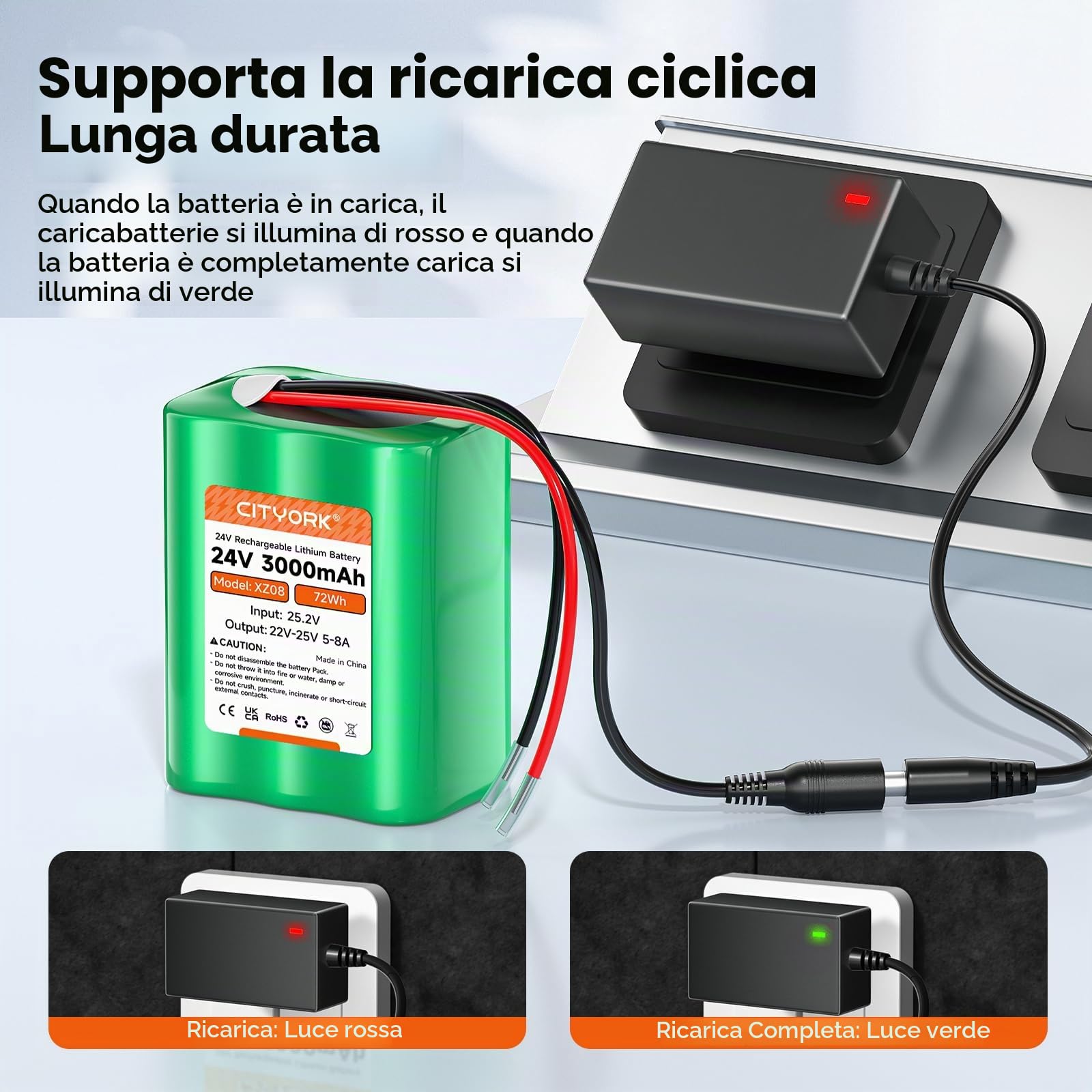 CITYORK Batteria ricaricabile agli ioni di litio da 24 V, 3000 mAh, per progetti fai da te, barca, telecamera CCTV, rilevatore di pesci, striscia luminosa a LED e molto altro ancora
