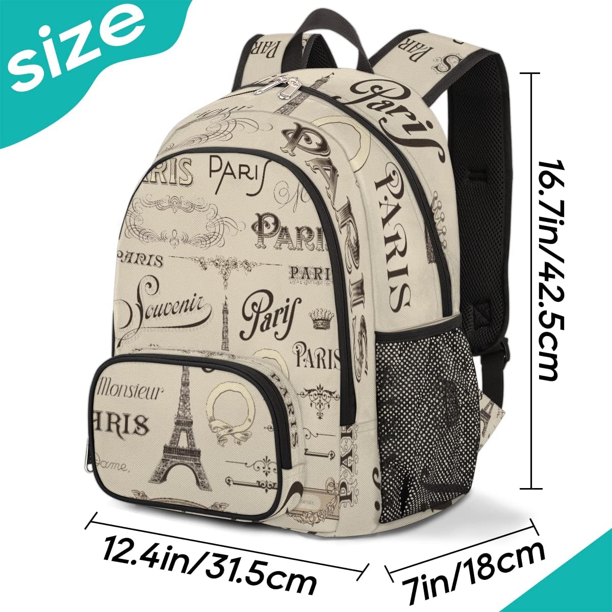 Vintage Paris Eiffel Tower School Backpack, College School Bags Lightweight Laptop Backpack Bookbag Casual Daypack Rucksack Elementary Preschool Backpack
