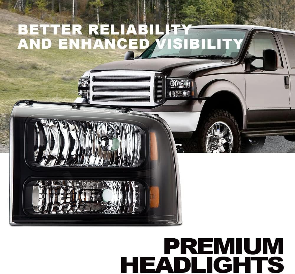 CNNELL Headlights Assembly Compatible with 2005 2006 2007 Ford F250 F350 F450 F550 SuperDuty Headlamp(Clear lens Black Housing Amber Reflector)