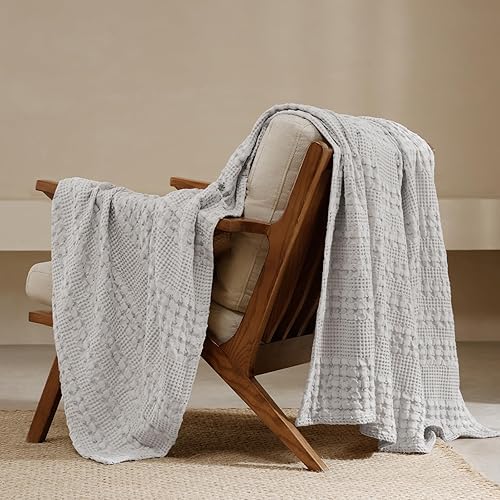 Miniatura 65 de PHF - Manta de punto gofre 100% algodón Queen, suave, ligera, transpirable, acogedora, de verano, para cama, tejida, estética, decoración del hogar