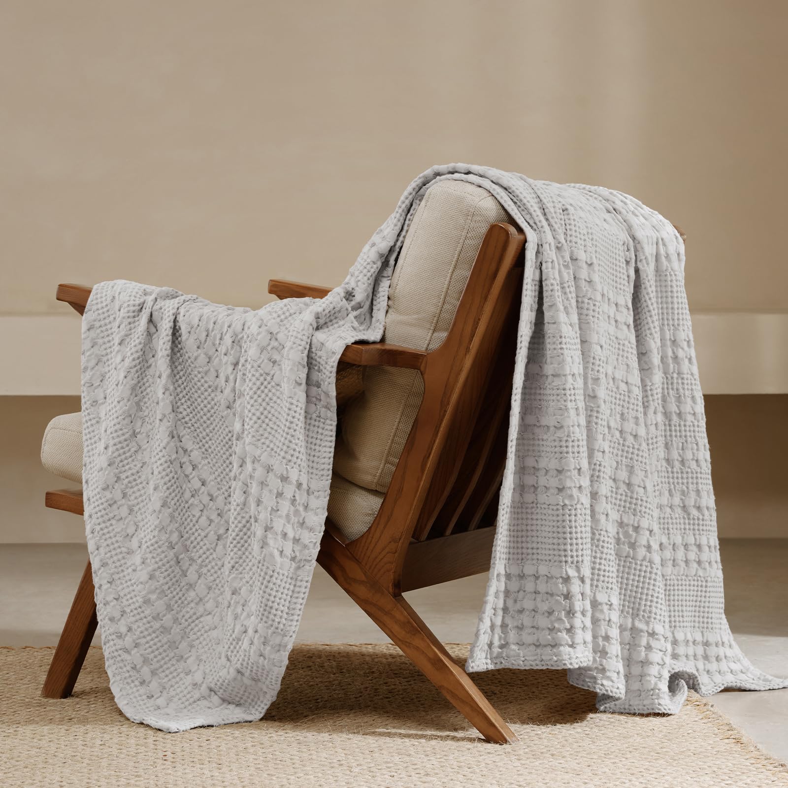 phf 100% cotton waffle weave throw blanket, soft lightweight breathable cozy throws for couch bed sofa, luxury aesthetic blanket gift for home decor & office, 50"x60", light grey