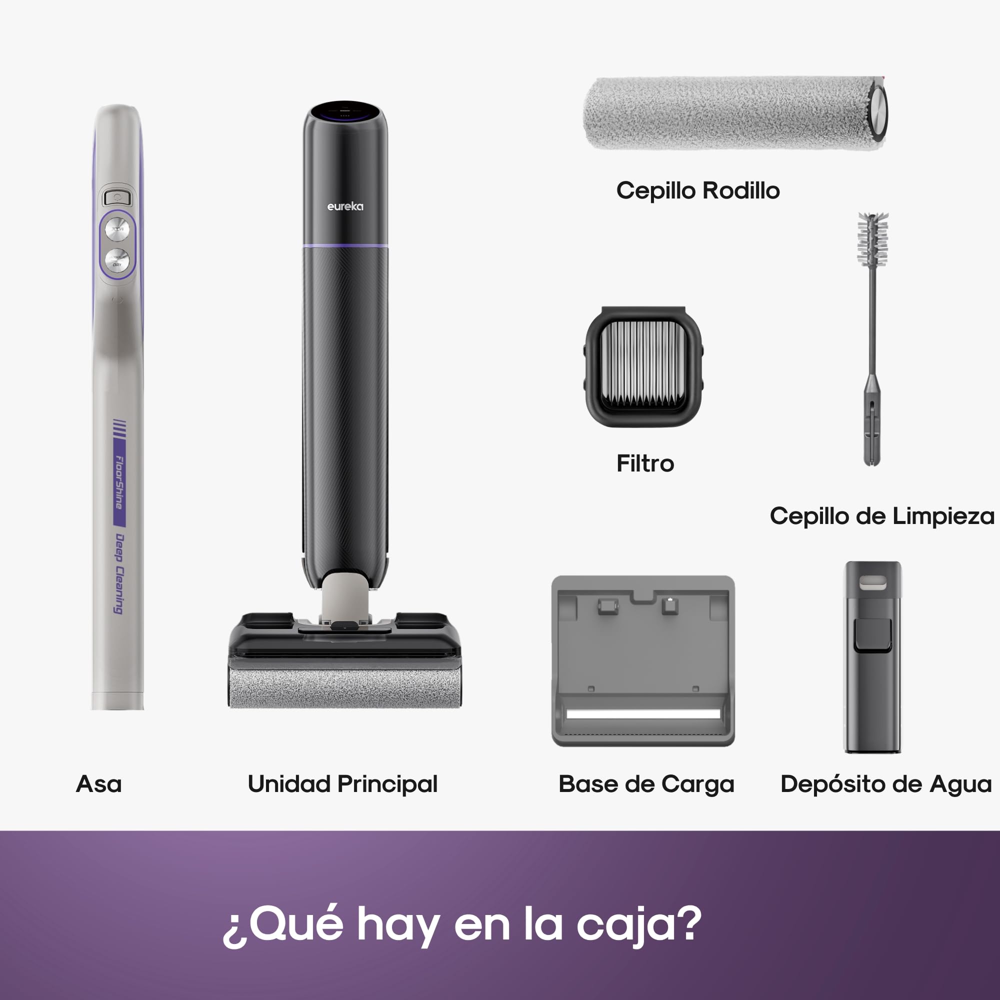 Eureka Aspiradora Fregona Sin Cable FloorShine 830, Aspirador y Fregasuelos en Seco y Húmedo 24kPa, Especial para Mascotas, Limpia Bordes, Antienredo, 60min, 180°, Autolimpieza con Secado 75°C, Negro