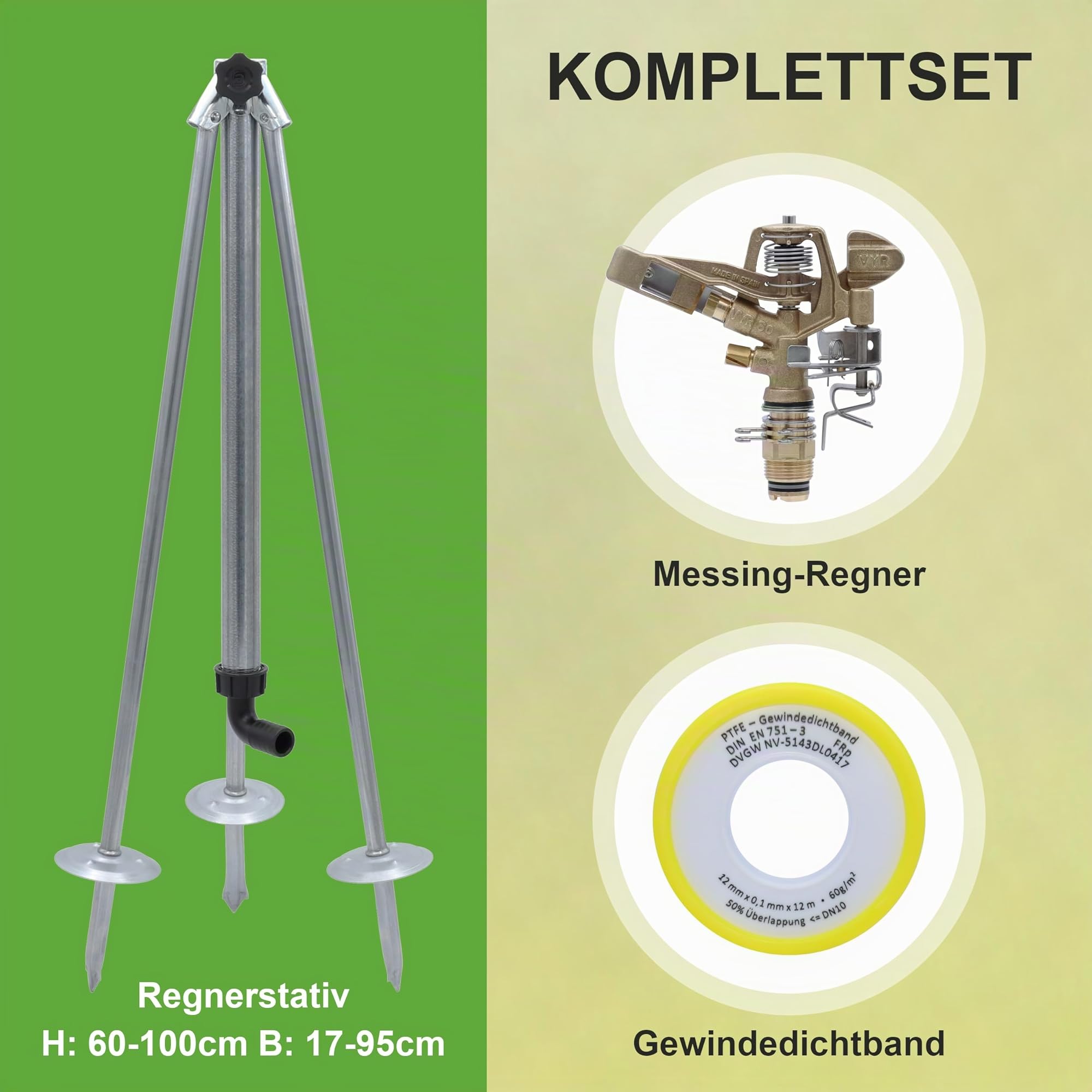 Agrarflora Kreis-und Sektorenregner VYR-60, 3/4 Zoll, Komplettset mit Dreibeinstativ und 12m PTFE-Dichtungsband, Kreisregner, Sektorenregner, Impulsregner, Teilkreisregner