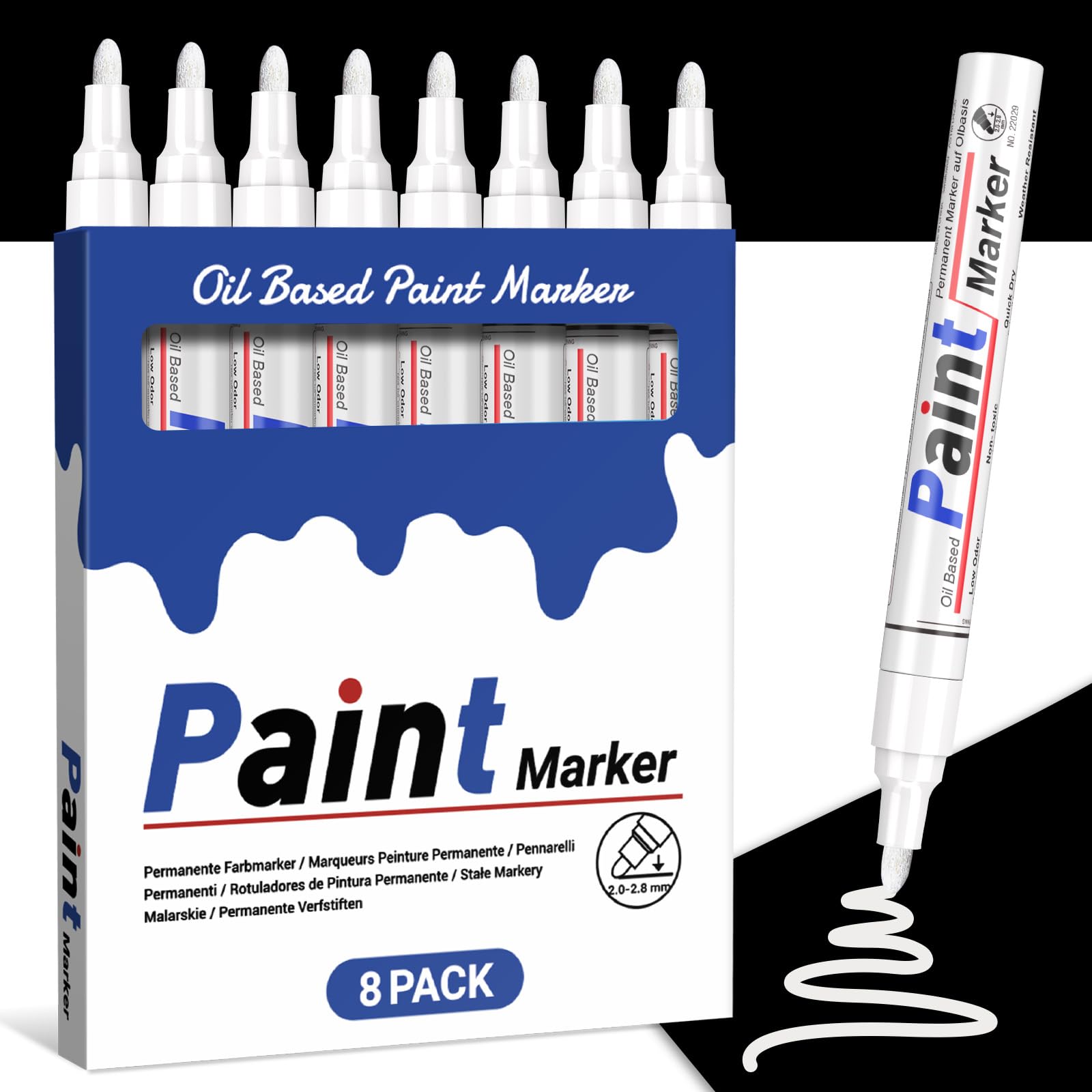 STANBLUE White Paint Pens 8 Pack Oil-Based Waterproof Paint Marker Set Quick Drying Permanent 2-3mm Tip for Rocks, Wood, Fabric, Plastic, Glass, Mugs, Metal, Cardboard