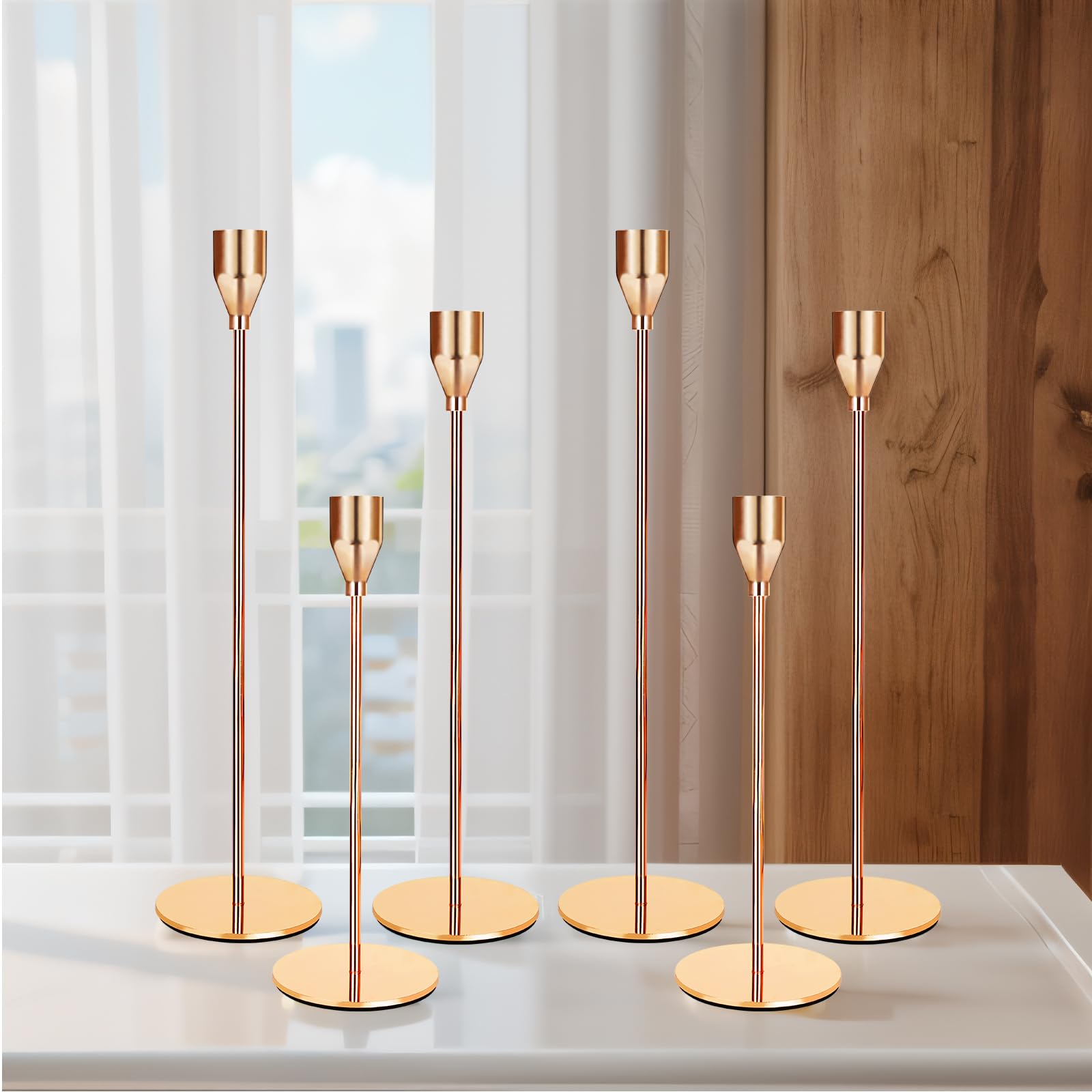 Lot De 6 Chandeliers Métal Doré - Hauteurs Différentes (22,27,32cm), Bougeoir Aluminium, Velours Inclus
