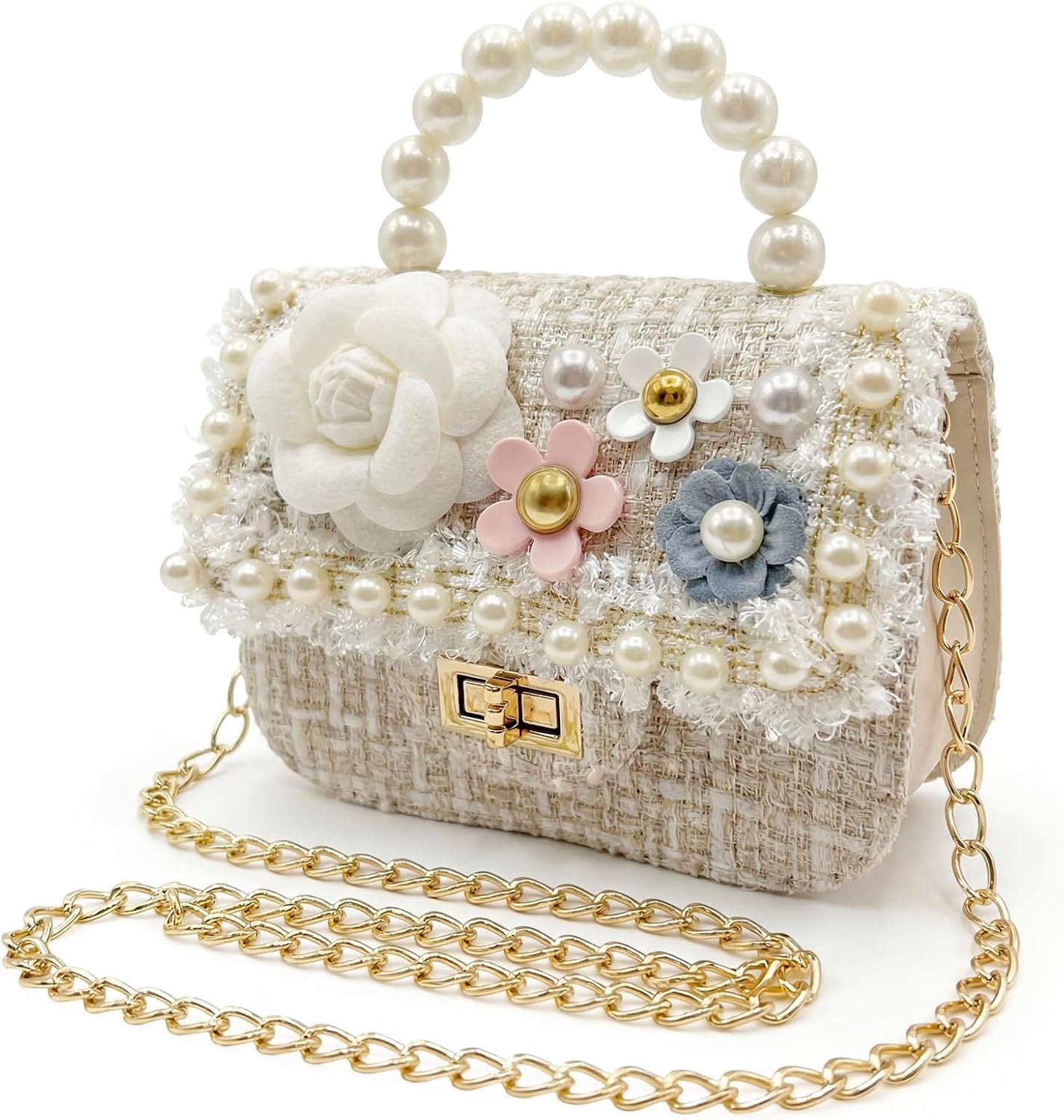 Girls Princess Purses Cute Bunny Toddler Crossbody Bag Handbag with Pearl Handle Shoulder Chain Bag
