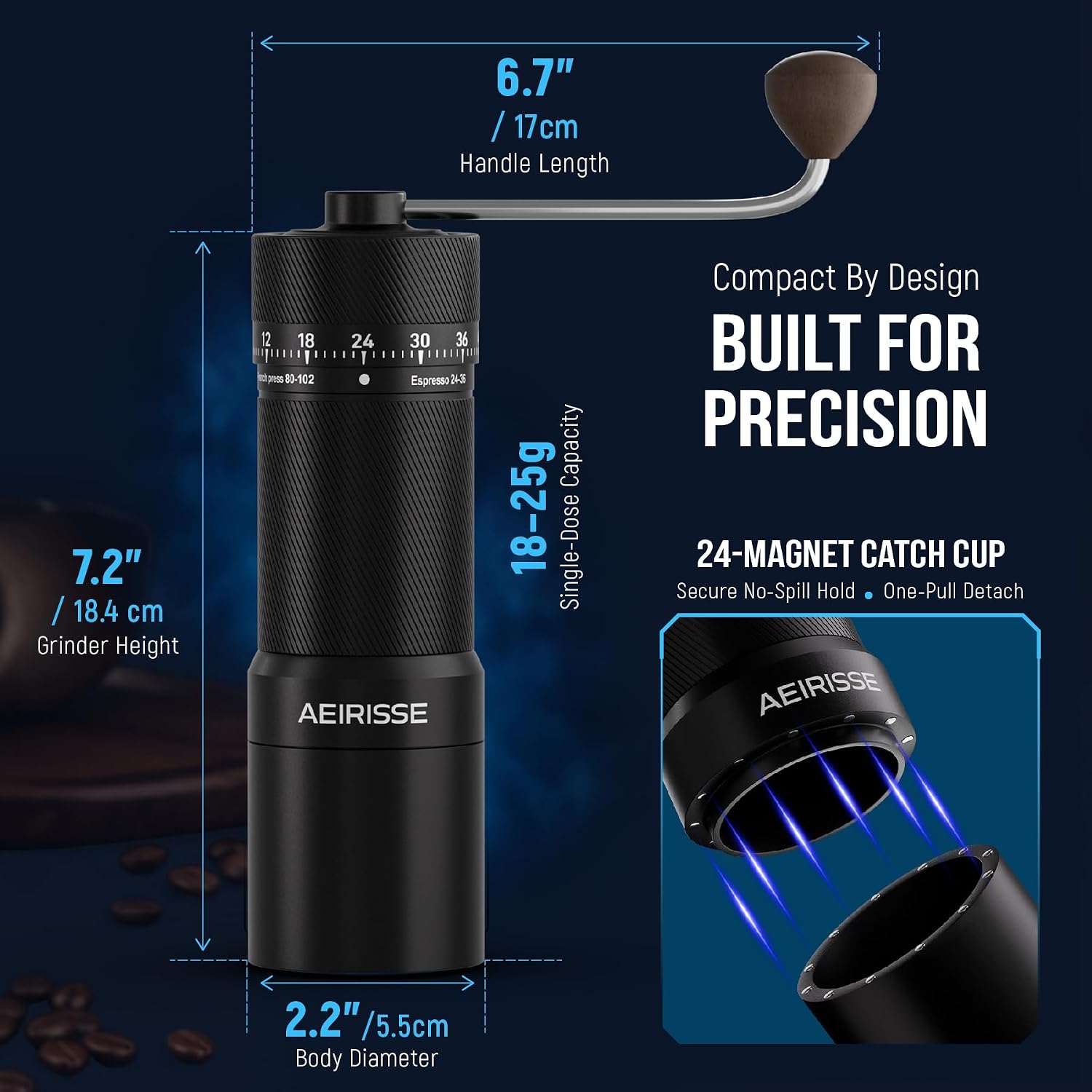 Manual Coffee Grinder, 72-Click Conical Burr Espresso Grinder, Stainless Steel Hand Coffee Grinder, Magnetic Catch Cup, Walnut Handle, External Adjustment - Espresso, Pour Over, French Press