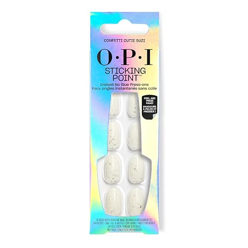 OPI Sticking Point | No Glue Press On Nails | 30 Count with Adhesive Tabs | Instant No Glue Press On Nails | Short Round, Almond and Squoval | Damage-Free Wear - Short Round - Confetti Cutie Suzi | Semi-Sheer Soft White Shimmer