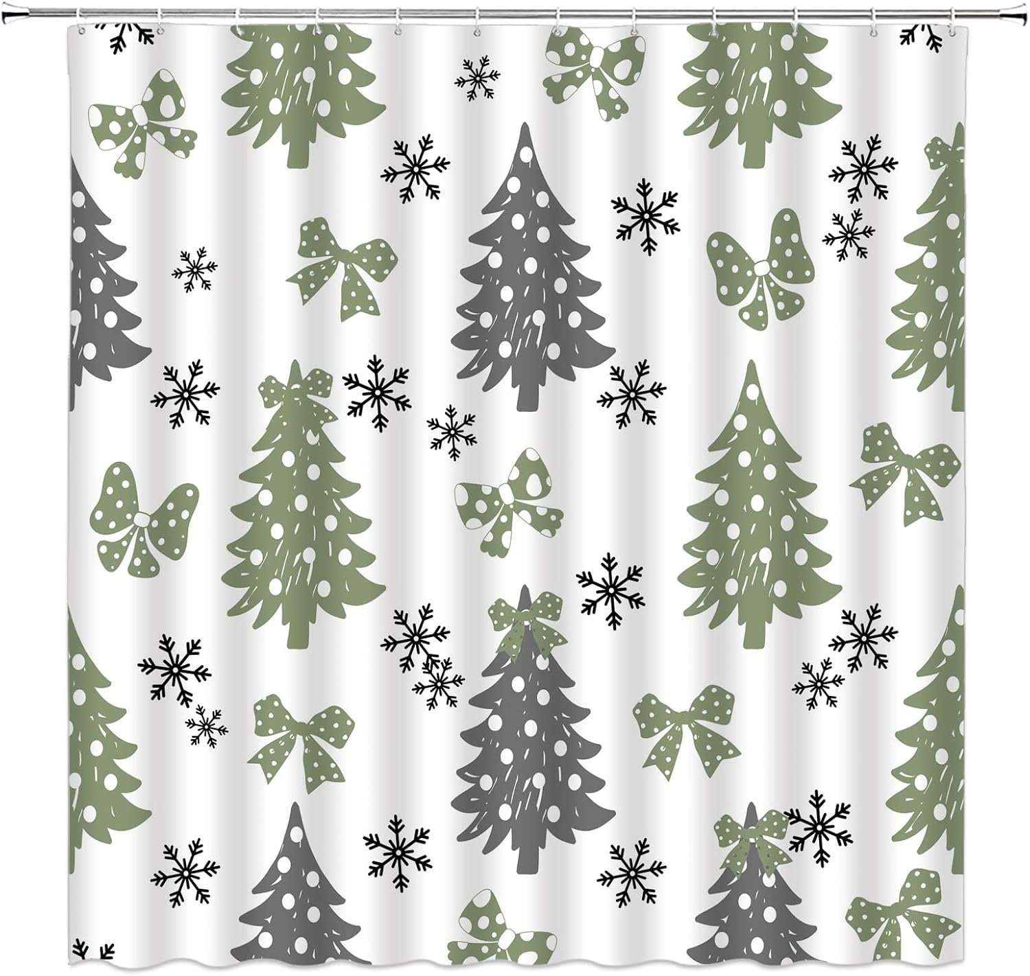 Christmas Tree Shower Curtain Sage Geen Gray Xmas Tree Snowflake Dots Bow Cute Winter Extra Long Bathroom Home Curtain with Hooks,70x78 Inch