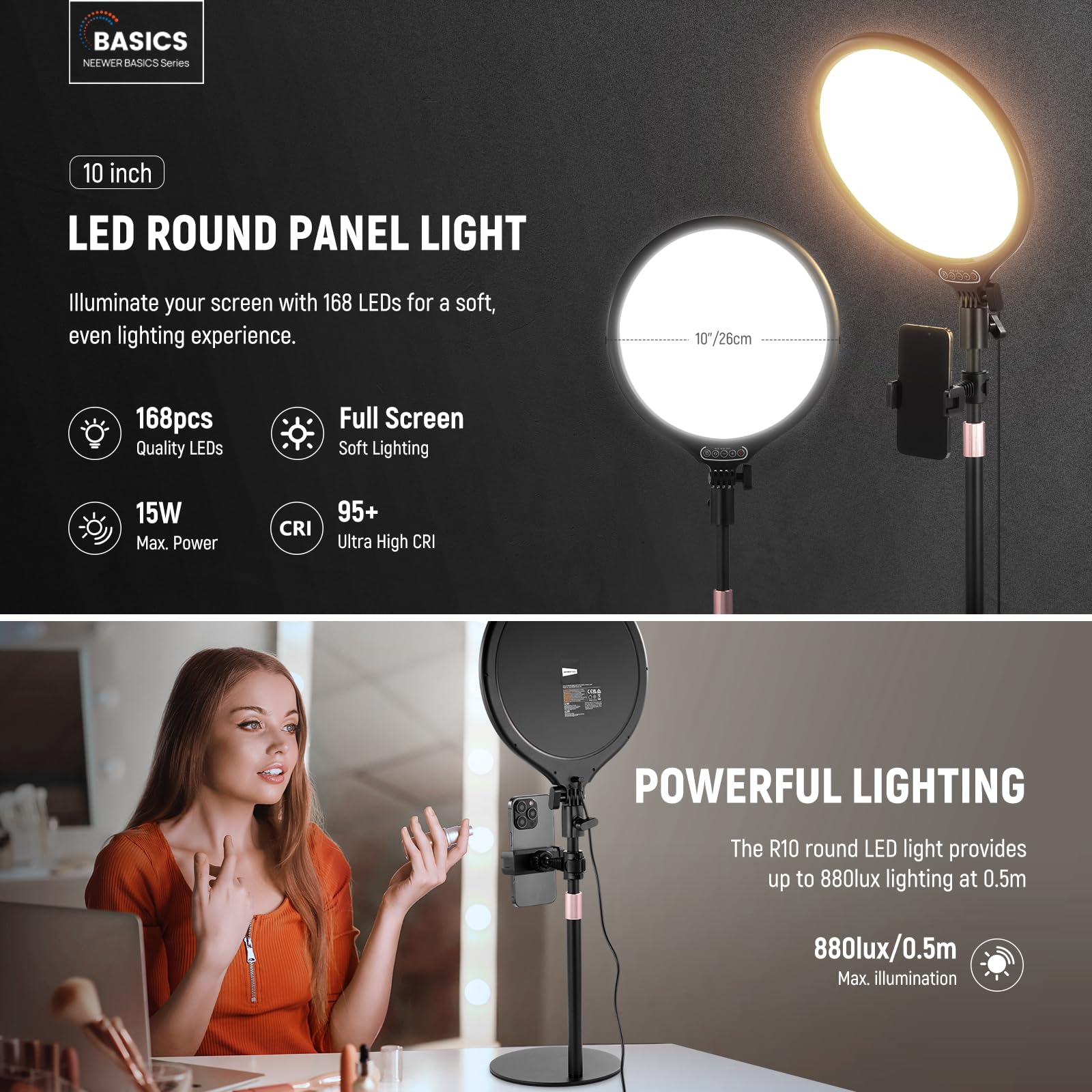 NEEWER Basics 2 Pack 10,5" 27cm Aro Luz Escritorio con Soporte/Soporte Móvil//Timer, 3000-6500K Full Screen 15W LED Panel Foco para iPhone Grabación Streaming Selfie Webcam Videoconferencia Zoom, R10
