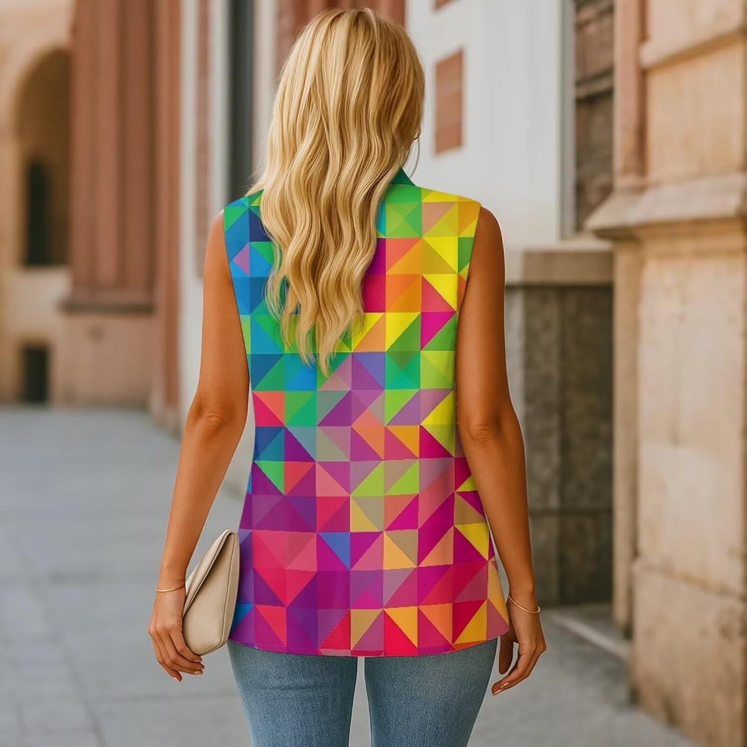 chaqlin Women’s Vest Tops Fall Winter Sleeveless Fashion Print Blazer Jackets Single Button Work Suit with 2 Pockets