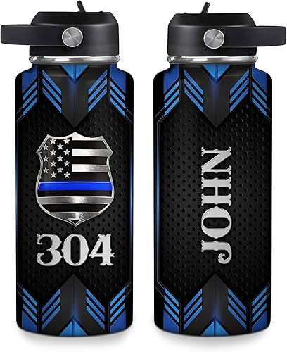 Vista 73 de Hyturtle Botella de agua personalizada de policía, botella de acero inoxidable aislada de 18 onzas, 32 onzas, bandera de línea azul fina, regalo